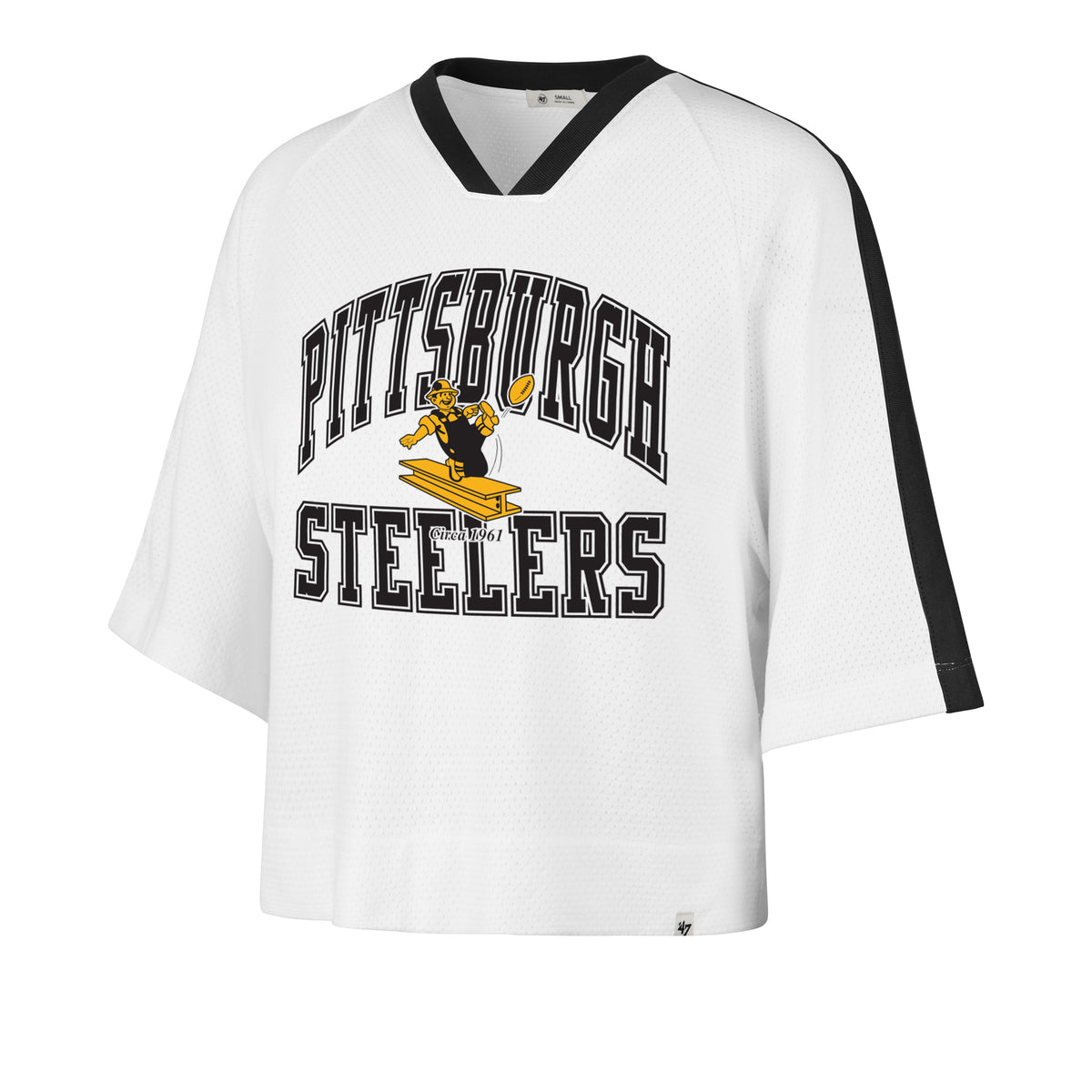 Playera manga corta '47 Pittsburgh Steelers NFL Big Overarch para mujer en algodón tipo jersey, silueta Cropped Oversize con estampado frontal del nombre y logo de los Steelers