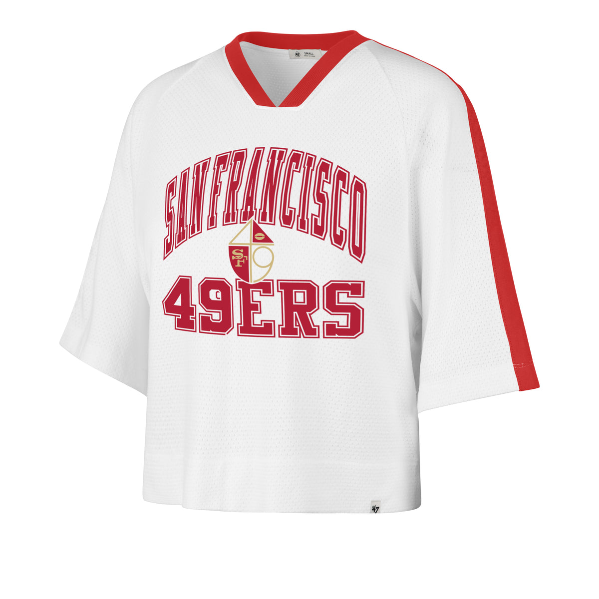 Playera manga corta '47 San Francisco 49ers NFL Big Overarch para mujer en algodón tipo jersey, silueta Cropped Oversize con estampado frontal del nombre y logo de los 49ers