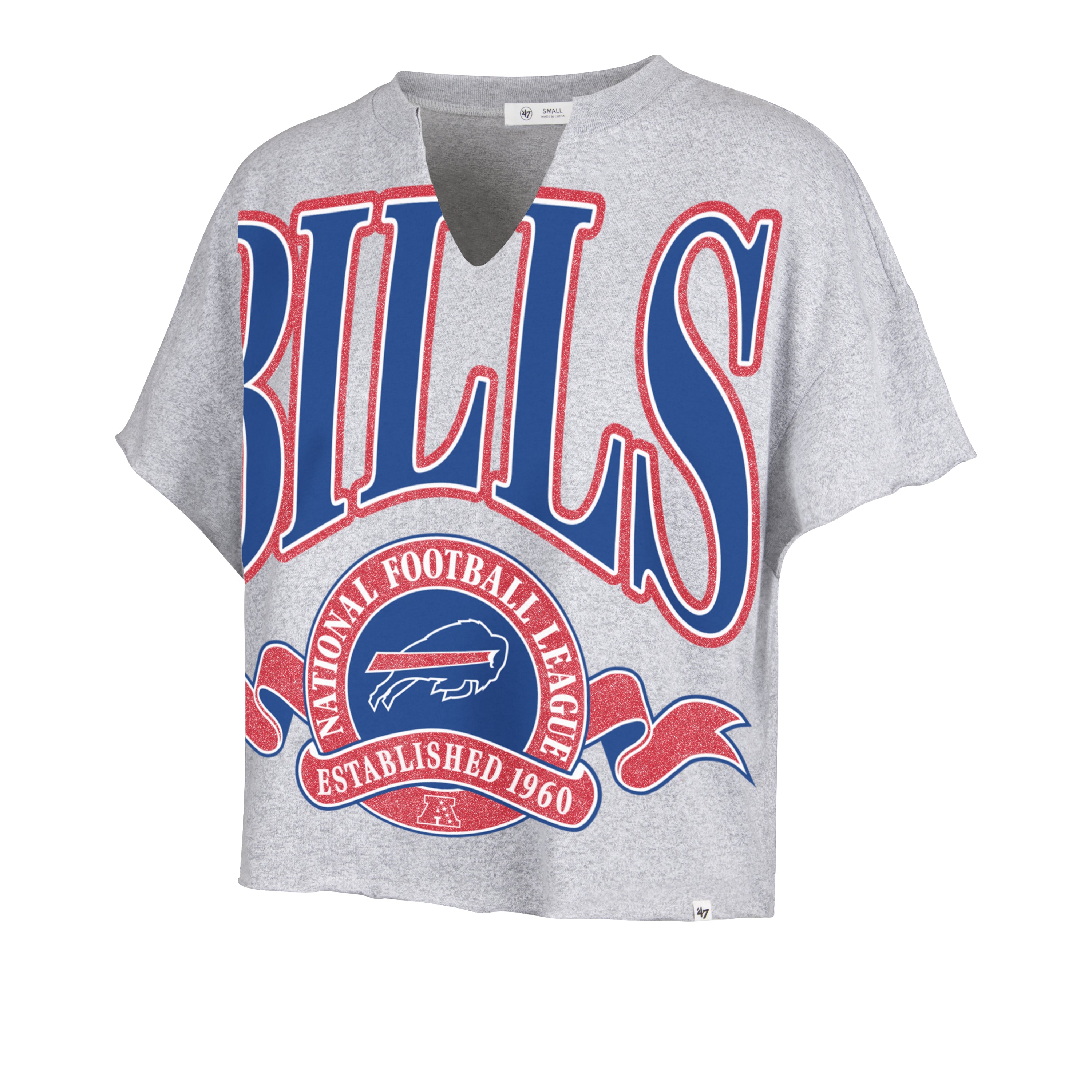 Playera manga corta '47 Buffalo Bills NFL Banners Out para mujer en algodón, silueta Cropped Oversize con estampado frontal del nombre y logo de los Bills