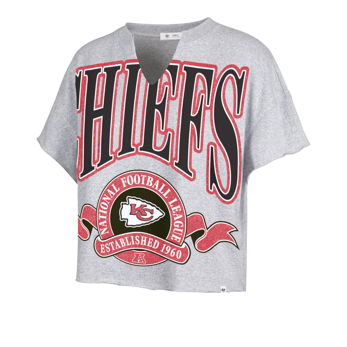 Playera manga corta '47 Kansas City Chiefs NFL Banners Out para mujer en algodón, silueta Cropped Oversize con estampado frontal del nombre y logo de los Chiefs