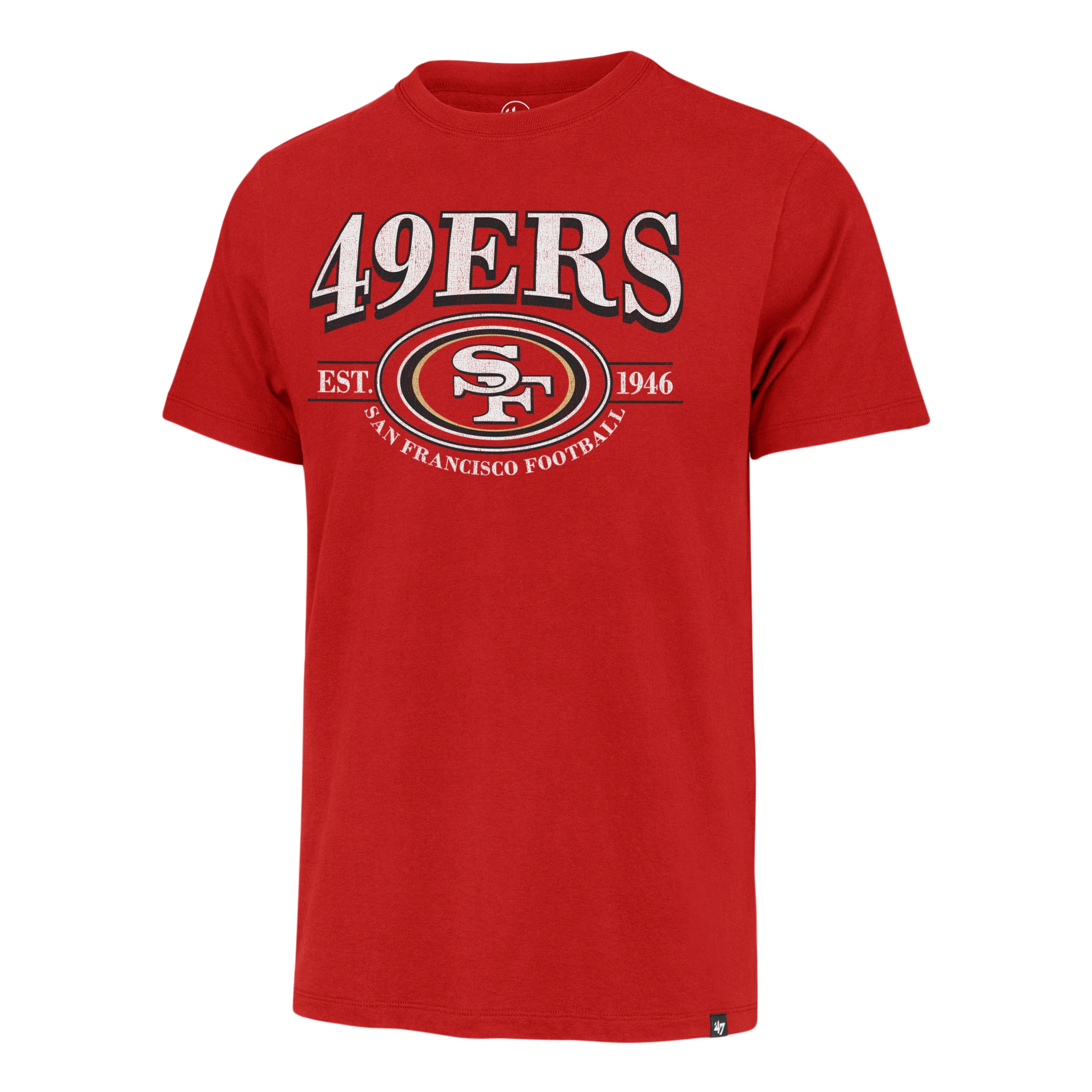 Playera manga corta '47 San Francisco 49ers NFL Deluxia en algodón, con logo, nombre y año de fundación de los 49ers estampado al frente, corte unisex.