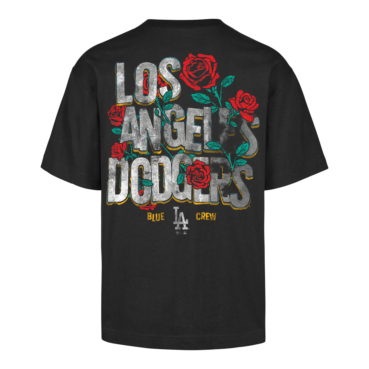 Playera Manga Corta ’47 Los Angeles Dodgers MLB Roses color negro, manga corta y cuello redondo, logo LA pequeño en el pecho izquierdo, estampado trasero LOS ANGELES DODGERS en tonos grises con efecto desgastado, rosas rojas, hojas verdes, logo LA e inscripción BLUE CREW.