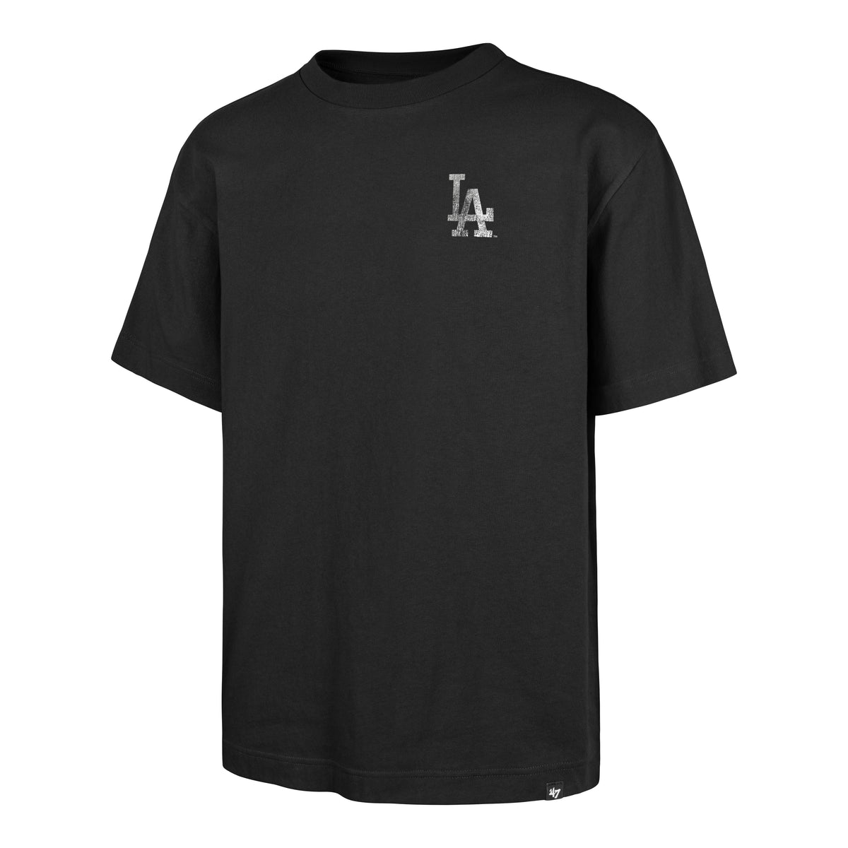 Playera Manga Corta ’47 Los Angeles Dodgers MLB Roses color negro, manga corta y cuello redondo, logo LA pequeño en el pecho izquierdo, estampado trasero LOS ANGELES DODGERS en tonos grises con efecto desgastado, rosas rojas, hojas verdes, logo LA e inscripción BLUE CREW.