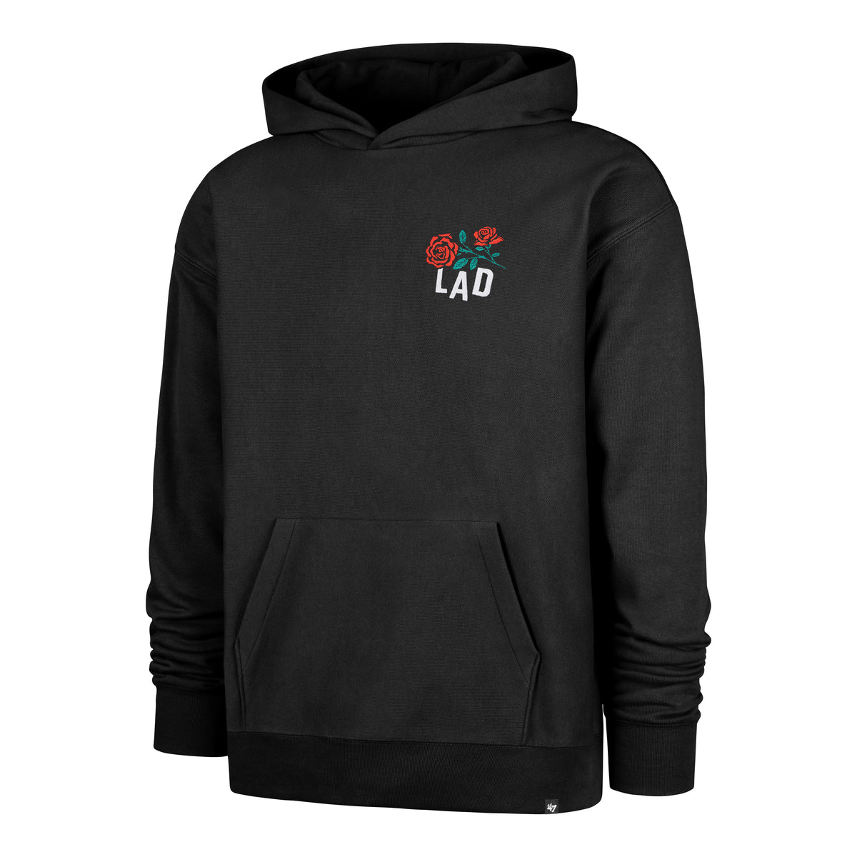 Sudadera ’47 Los Angeles Dodgers MLB Roses color negro, manga larga con capucha y bolsillo canguro, estampado LAD blanco con rosas rojas en el pecho izquierdo, logo LA grande en tono claro con efecto desgastado, rosas rojas y hojas verdes en la espalda.