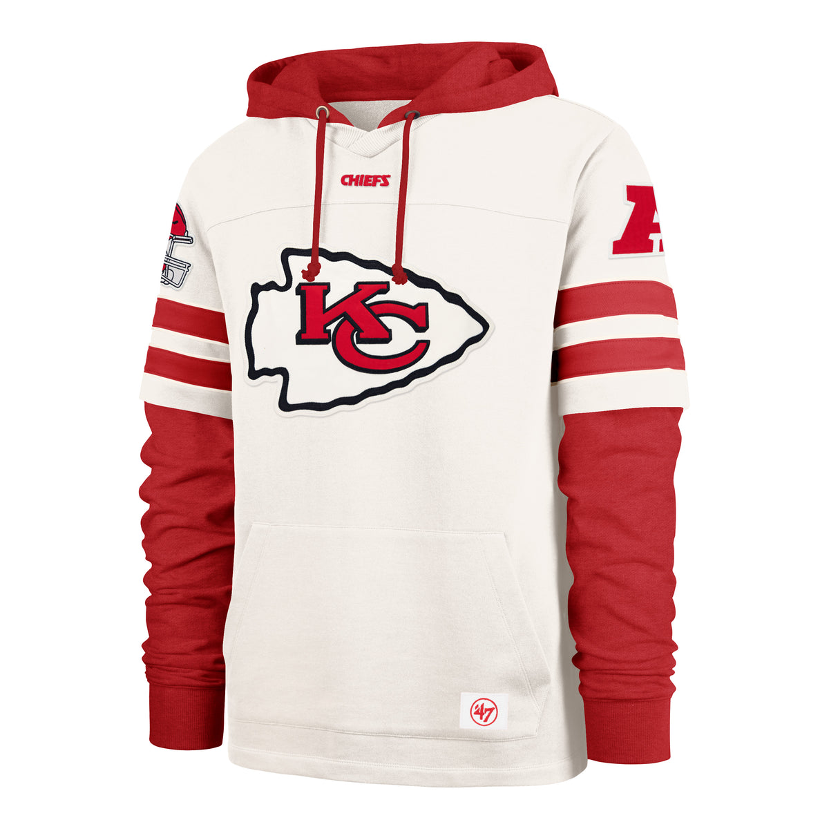 Sudadera '47 Kansas City Chiefs NFL Split Zone II heavyweight hoodie en algodón y poliéster, bordado al frente con nombre y logo de los Chiefs, casco y nombre bordado en manga derecha, logo NFL en manga izquierda