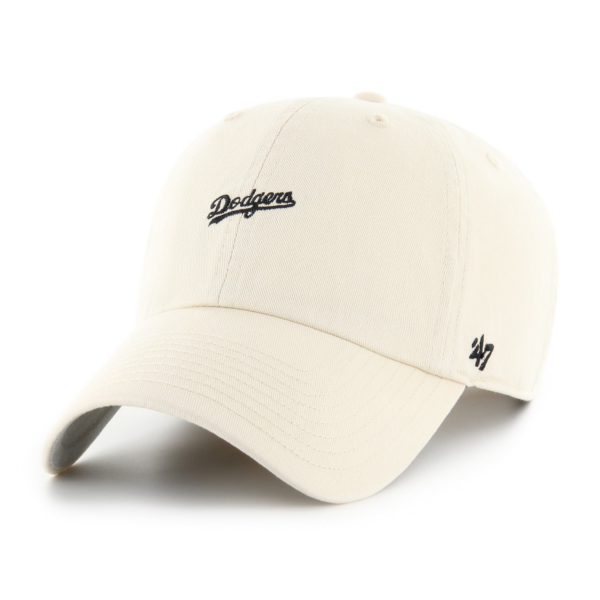 Gorra '47 Clean Up Los Angeles Dodgers MLB Base Runner Script en algodón beige, visera curva sin estructura con logo script monochrome de los Dodgers bordado al frente y emblema '47 en el lateral, cierre strapback ajustable