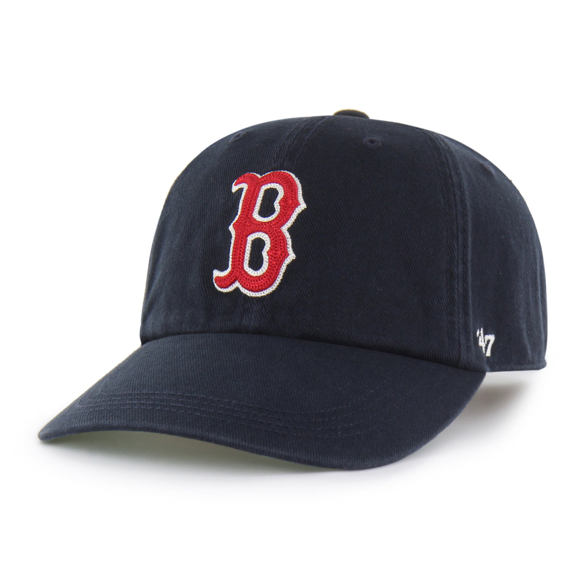Gorra Boston Red Sox '47 Clean Up Long Visor azul marino, visera larga curva, bordado Chain Side Stitch en lateral, logo Red Sox al frente, emblema '47 en lateral izquierdo
