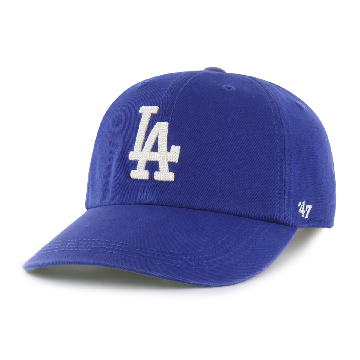 Gorra Los Angeles Dodgers '47 Clean Up Long Visor azul rey, visera larga curva, bordado Chain Side Stitch en lateral, logo Dodgers al frente, emblema '47 en lateral izquierdo