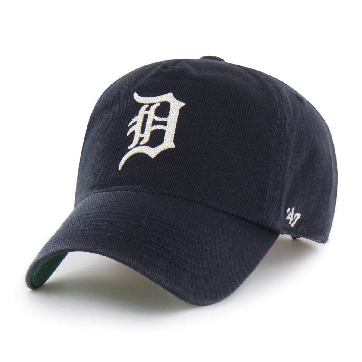 Gorra Detroit Tigers '47 Clean Up Pinch Front azul marino, 5 paneles con frente presionado, bordado Chain Side Stitch en lateral, logo Tigers al frente, emblema '47 en lateral izquierdo