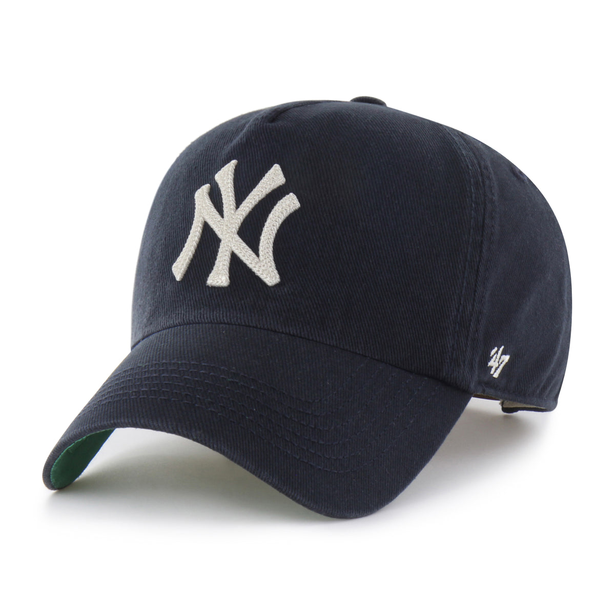 Gorra '47 Clean Up Pinch Front New York Yankees MLB Evolution color Azul marino A, bordado frontal con logo del equipo y Chain Side Stitch, ajuste Strapback
