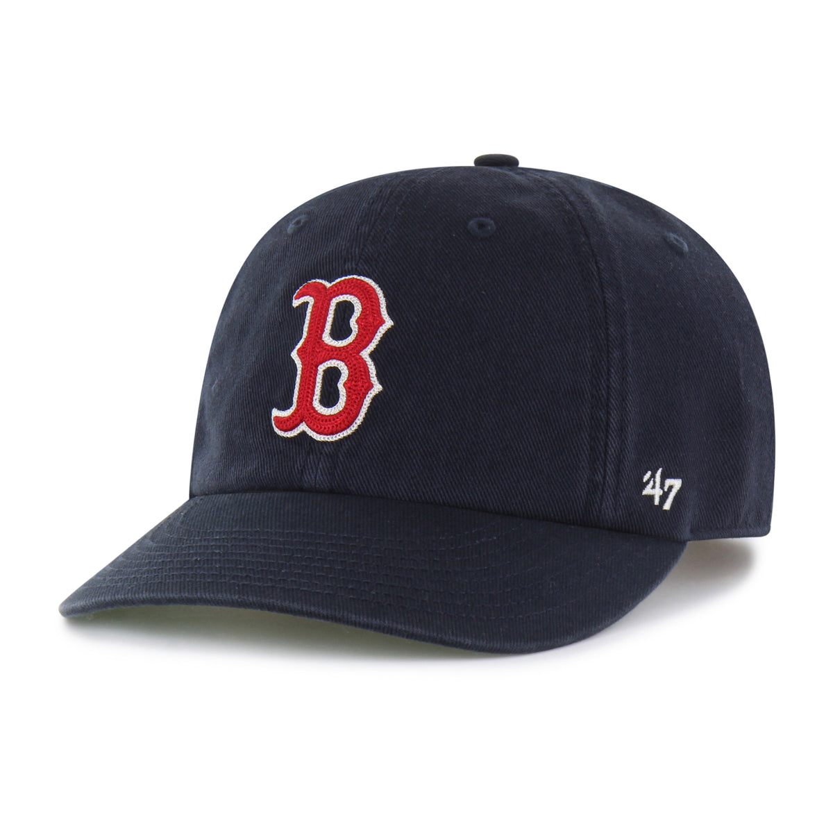 Gorra Boston Red Sox '47 Clean Up Round Visor azul marino, visera redonda, bordado Chain Side Stitch en lateral, logo Red Sox al frente, emblema '47 en lateral izquierdo