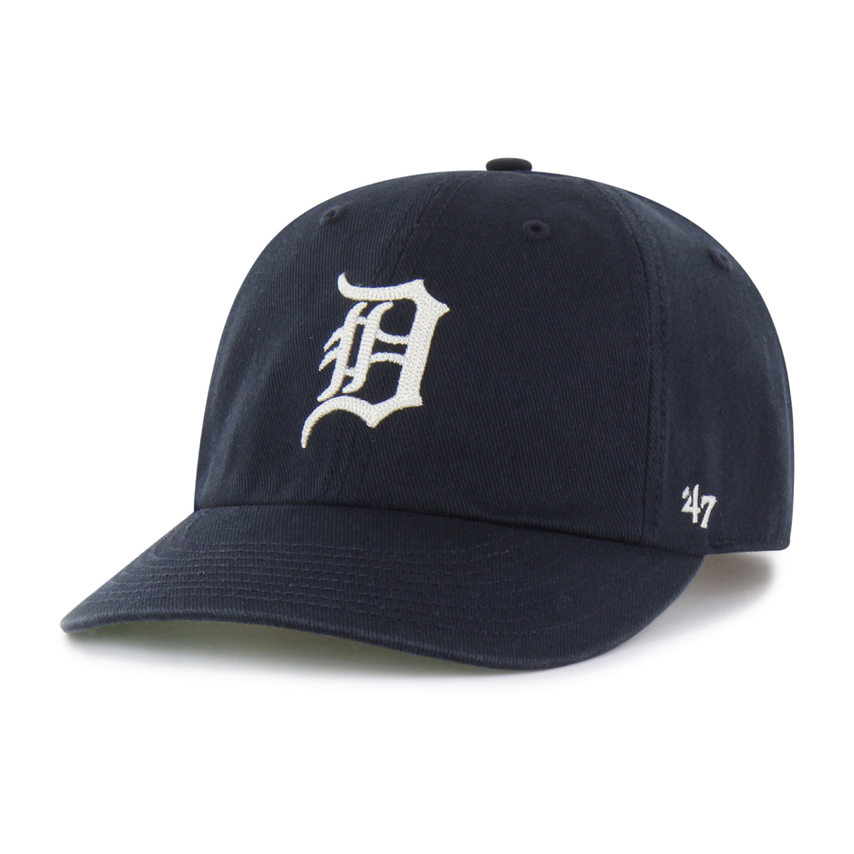 Gorra Detroit Tigers '47 Clean Up Round Visor azul marino, visera redonda, bordado Chain Side Stitch en lateral, logo Tigers al frente, emblema '47 en lateral izquierdo