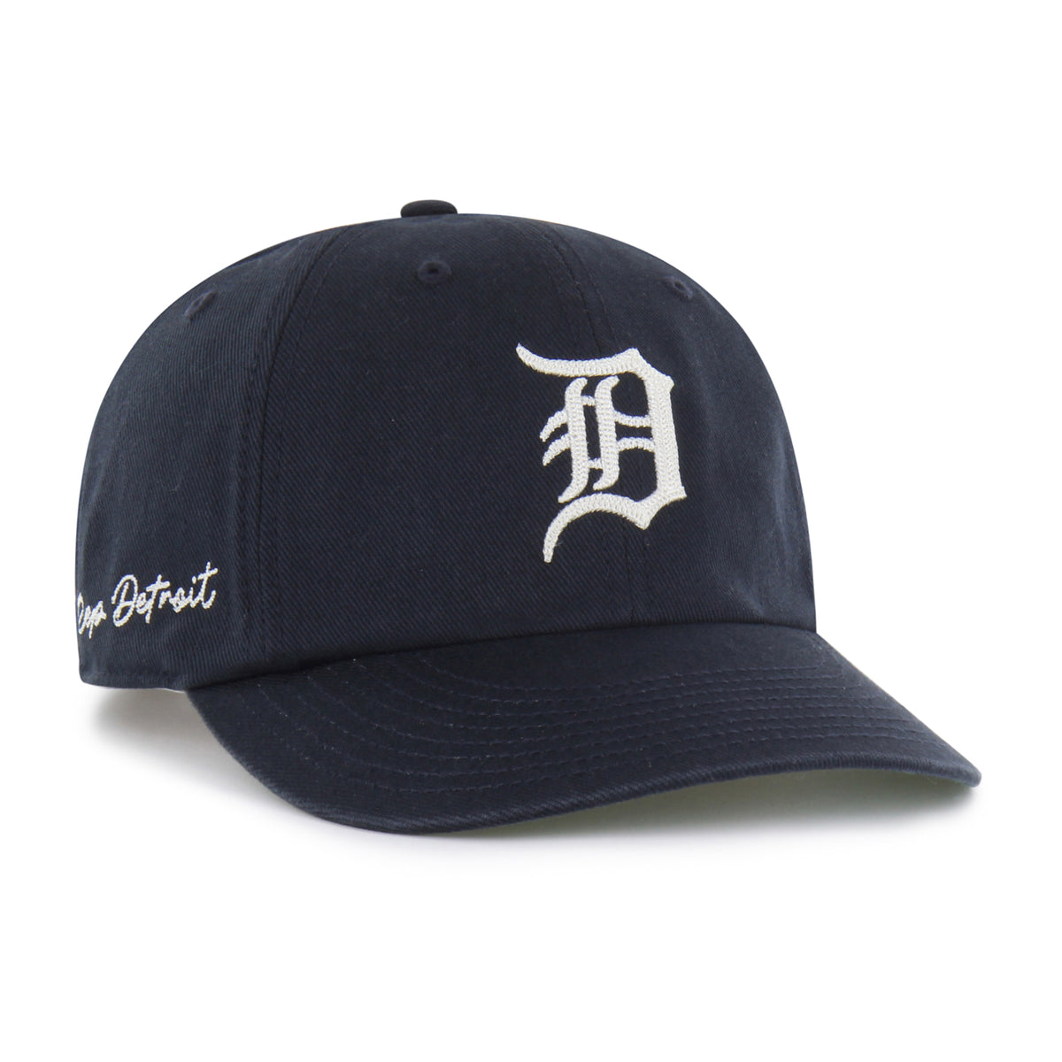 Gorra Detroit Tigers '47 Clean Up Round Visor azul marino, visera redonda, bordado Chain Side Stitch en lateral, logo Tigers al frente, emblema '47 en lateral izquierdo