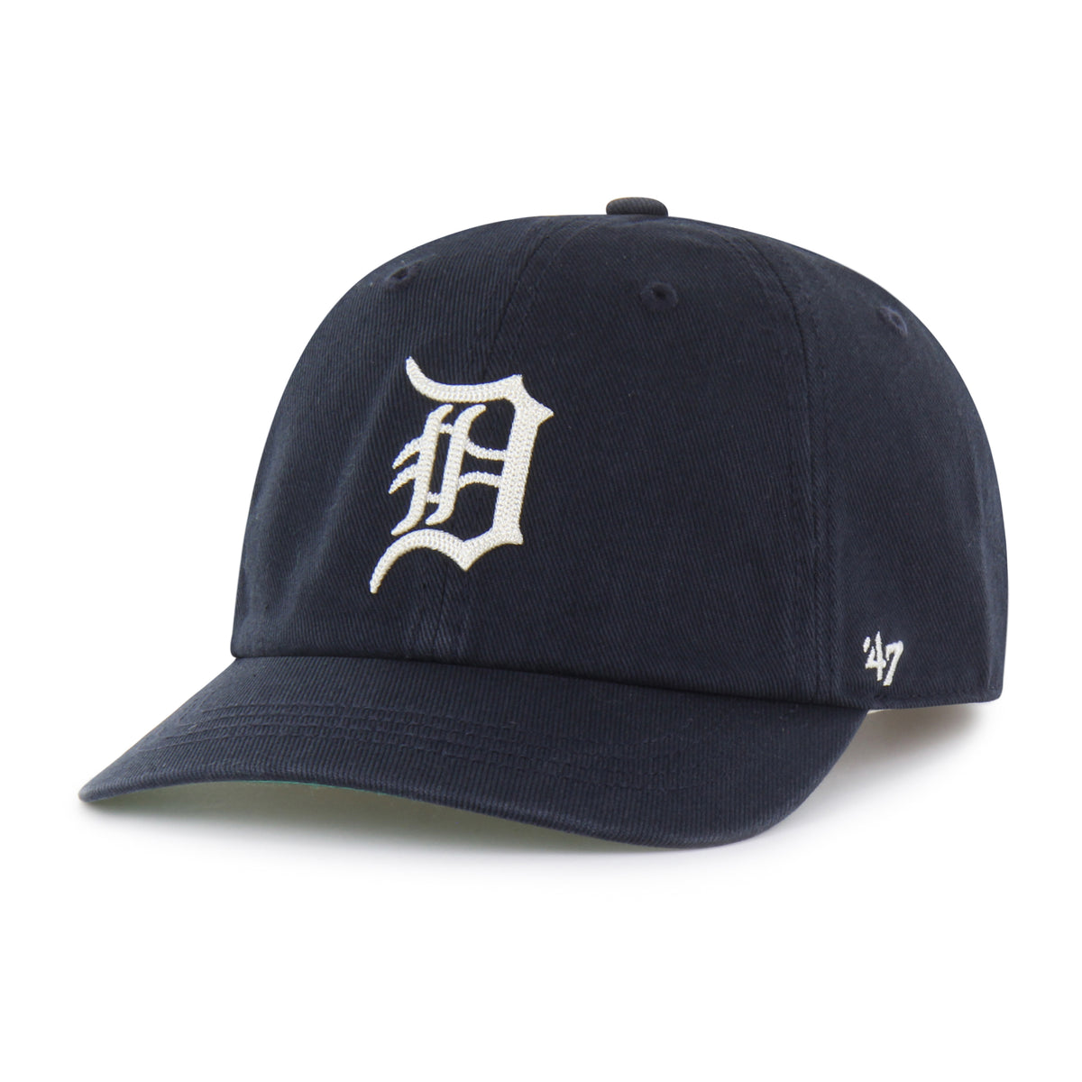 Gorra Detroit Tigers '47 Clean Up Short Visor azul marino, visera corta curva, bordado Chain Side Stitch en lateral, logo Tigers al frente, emblema '47 en lateral izquierdo