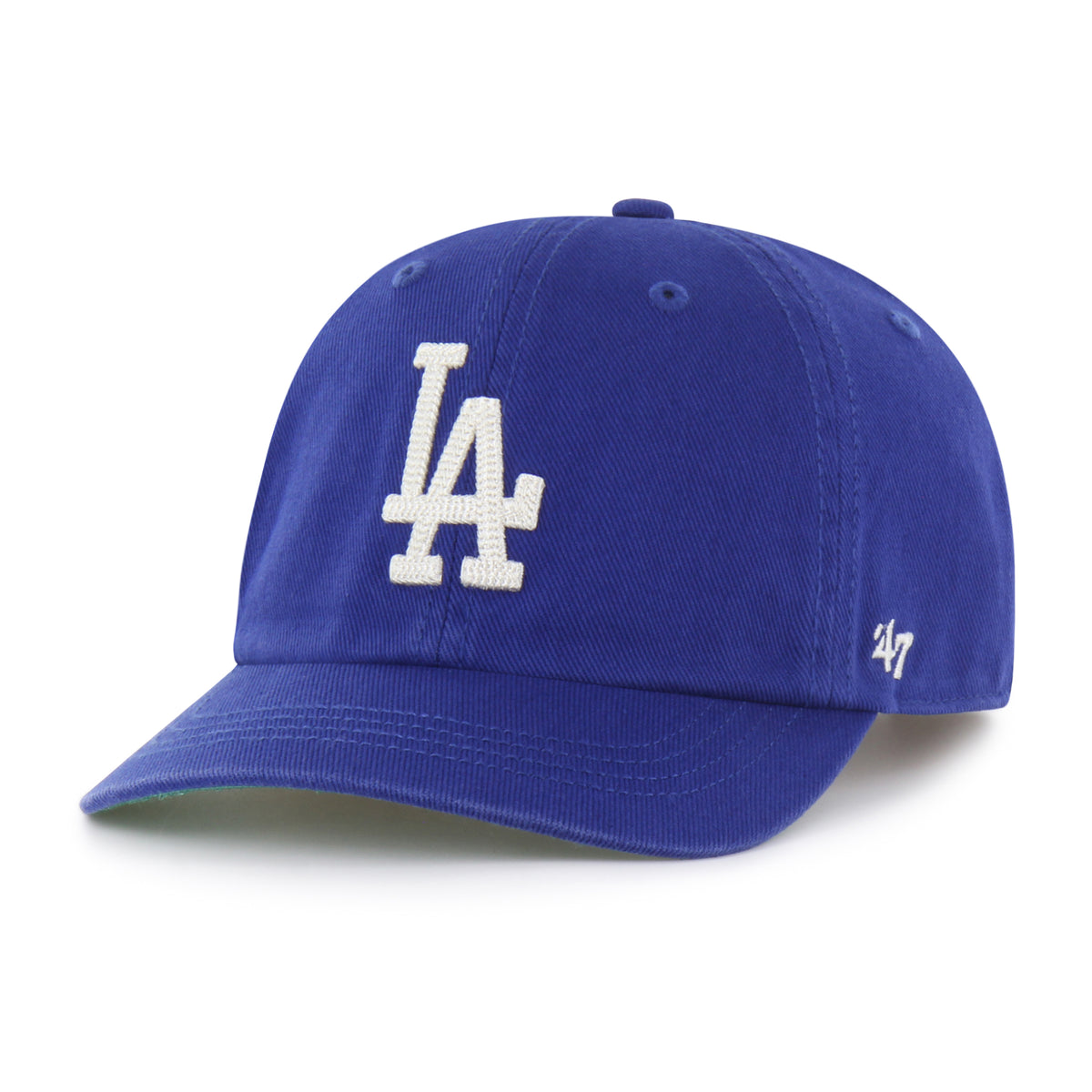 Gorra Los Angeles Dodgers '47 Clean Up Short Visor azul rey, visera corta curva, bordado Chain Side Stitch en lateral, logo Dodgers al frente, emblema '47 en lateral izquierdo