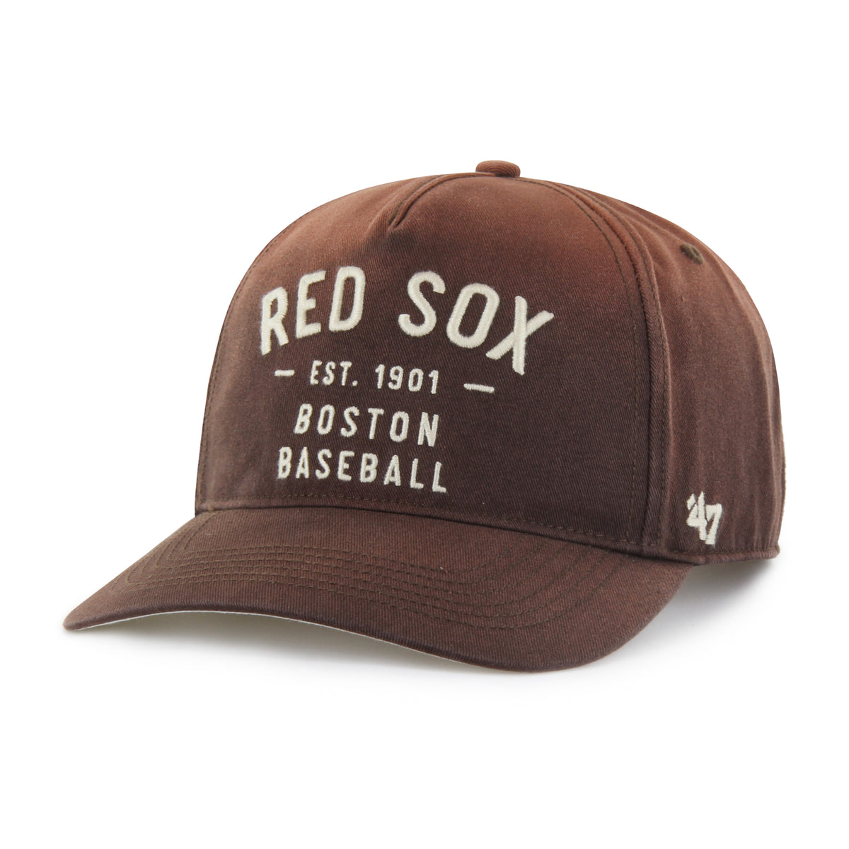 Gorra '47 Hitch RF Boston Red Sox MLB Dusted Laramie café en algodón con acabado desgastado, nombre Red Sox bordado al frente, logo lateral y snapback ajustable