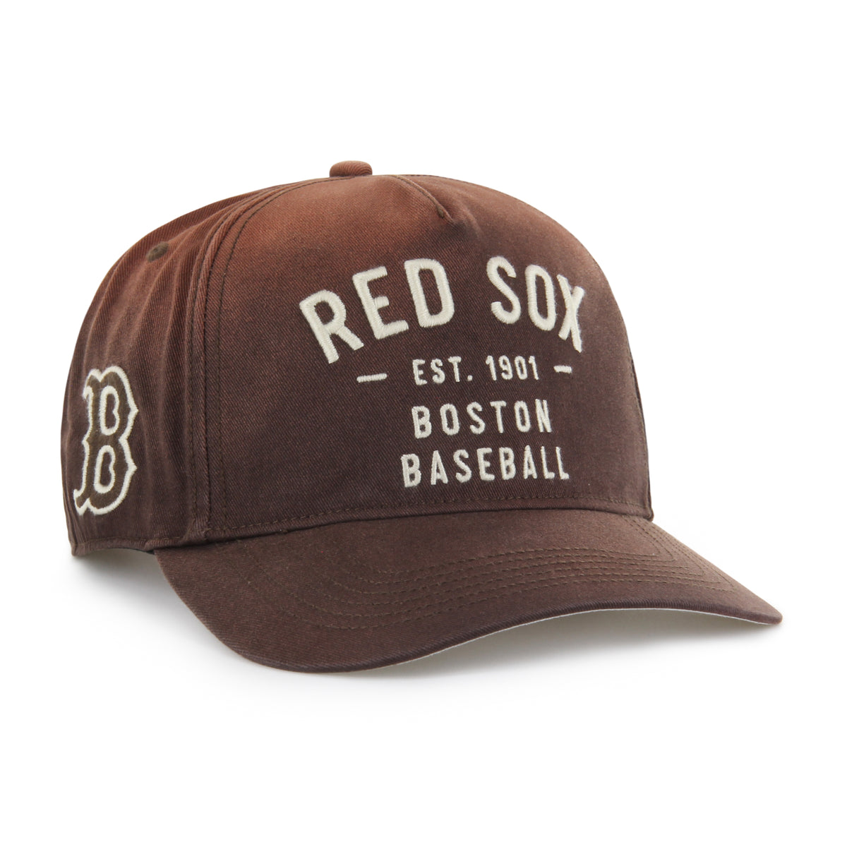 Gorra '47 Hitch RF Boston Red Sox MLB Dusted Laramie café en algodón con acabado desgastado, nombre Red Sox bordado al frente, logo lateral y snapback ajustable