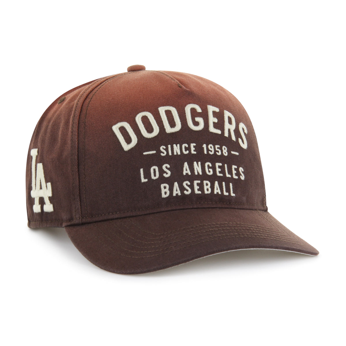 Gorra '47 Hitch RF Los Angeles Dodgers MLB Dusted Laramie café en algodón con acabado desgastado, nombre Dodgers bordado al frente, logo lateral y snapback ajustable