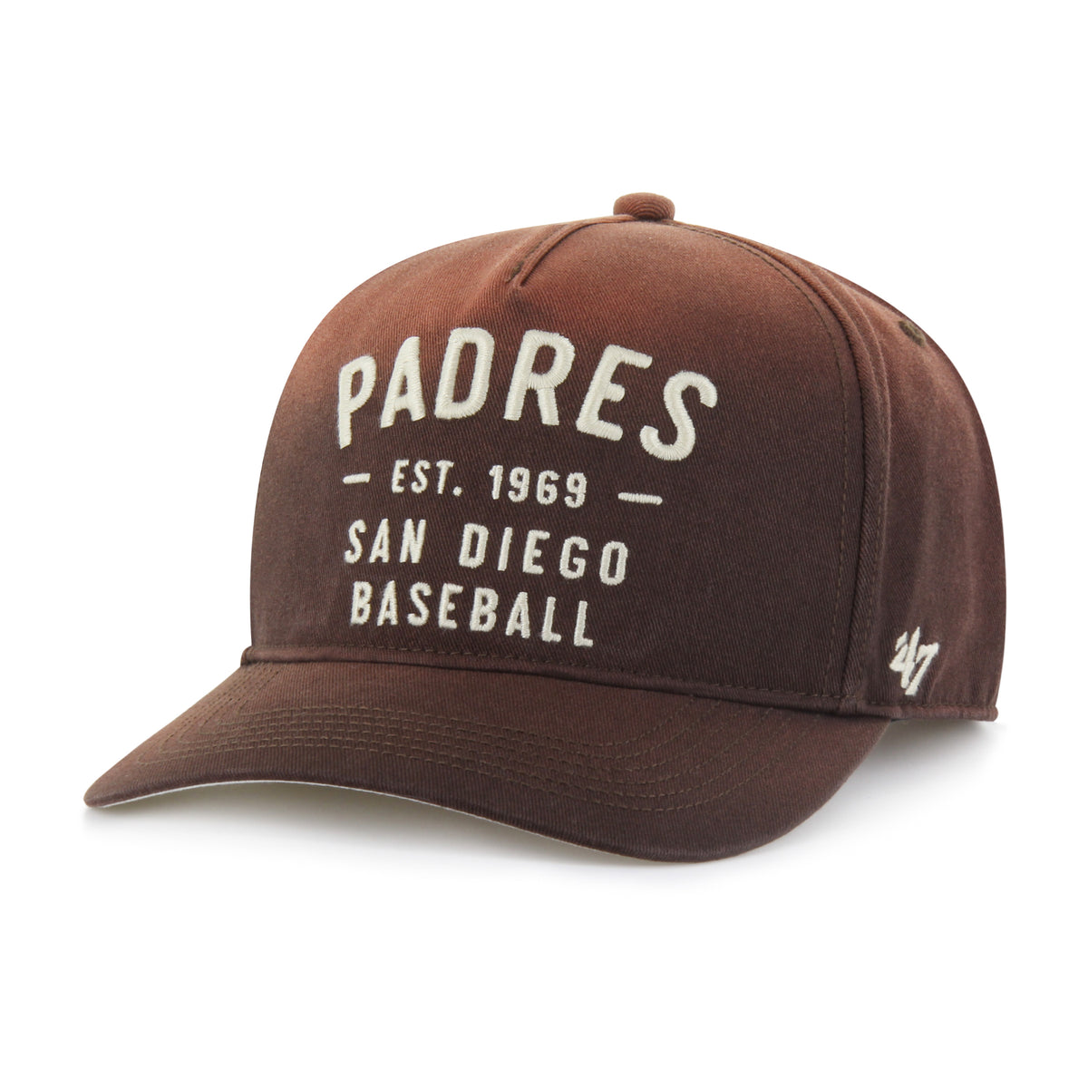 Gorra '47 Hitch RF San Diego Padres MLB Dusted Laramie café en algodón con acabado desgastado, nombre Padres bordado al frente, logo lateral y snapback ajustable