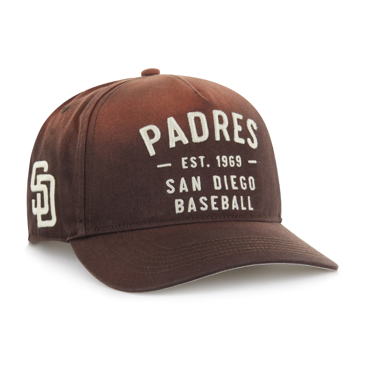 Gorra '47 Hitch RF San Diego Padres MLB Dusted Laramie café en algodón con acabado desgastado, nombre Padres bordado al frente, logo lateral y snapback ajustable