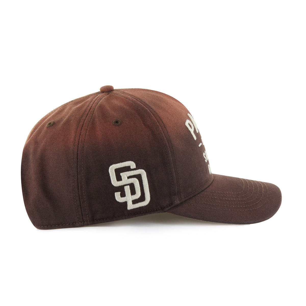 Gorra '47 Hitch RF San Diego Padres MLB Dusted Laramie café en algodón con acabado desgastado, nombre Padres bordado al frente, logo lateral y snapback ajustable