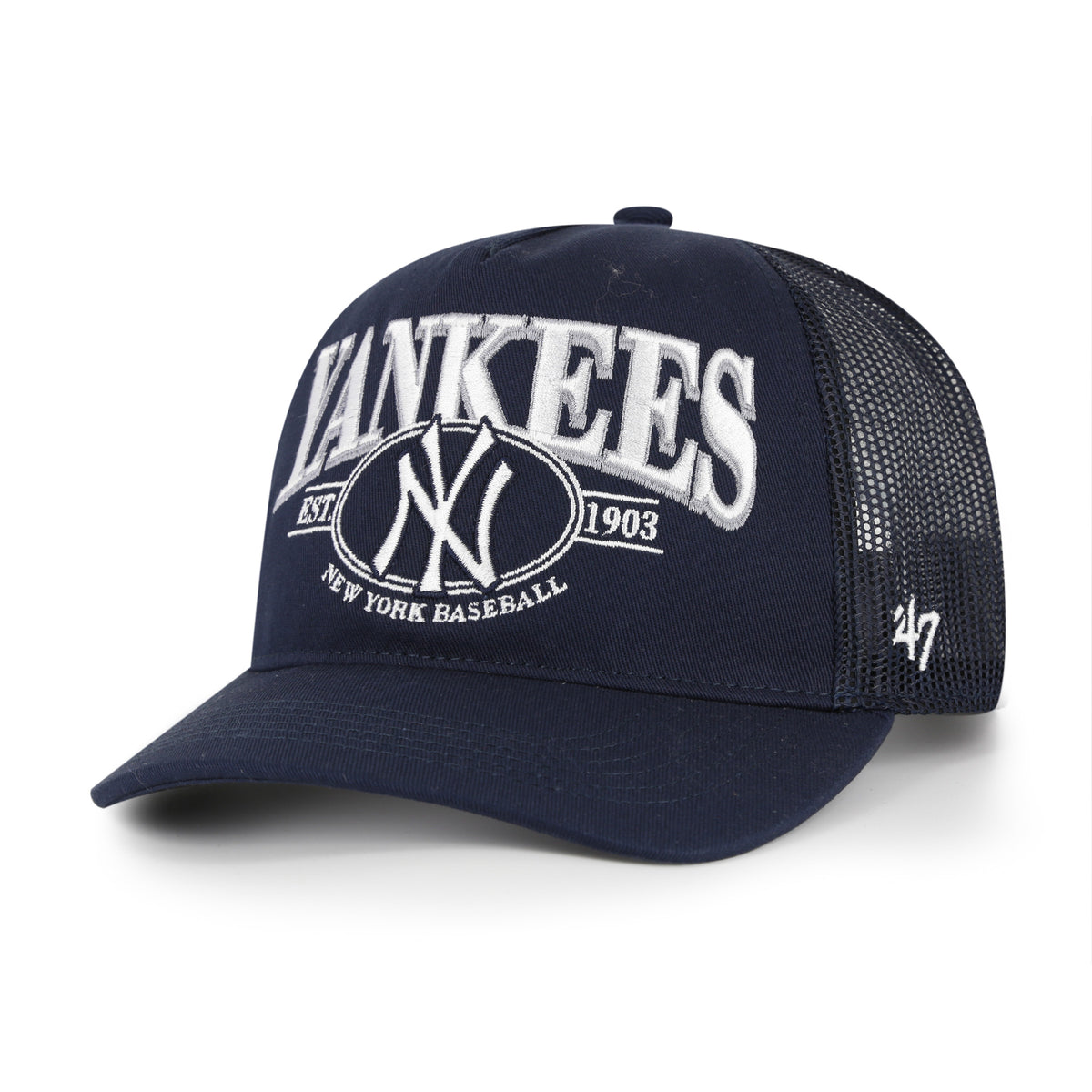 Gorra '47 Hitch RF New York Yankees MLB Deluxia azul marino en algodón con malla mesh trasera, logo y nombre Yankees bordado al frente y snapback ajustable