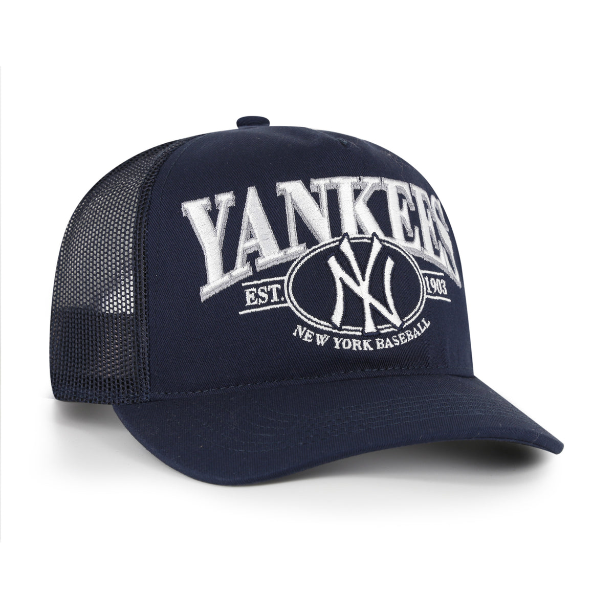 Gorra '47 Hitch RF New York Yankees MLB Deluxia azul marino en algodón con malla mesh trasera, logo y nombre Yankees bordado al frente y snapback ajustable