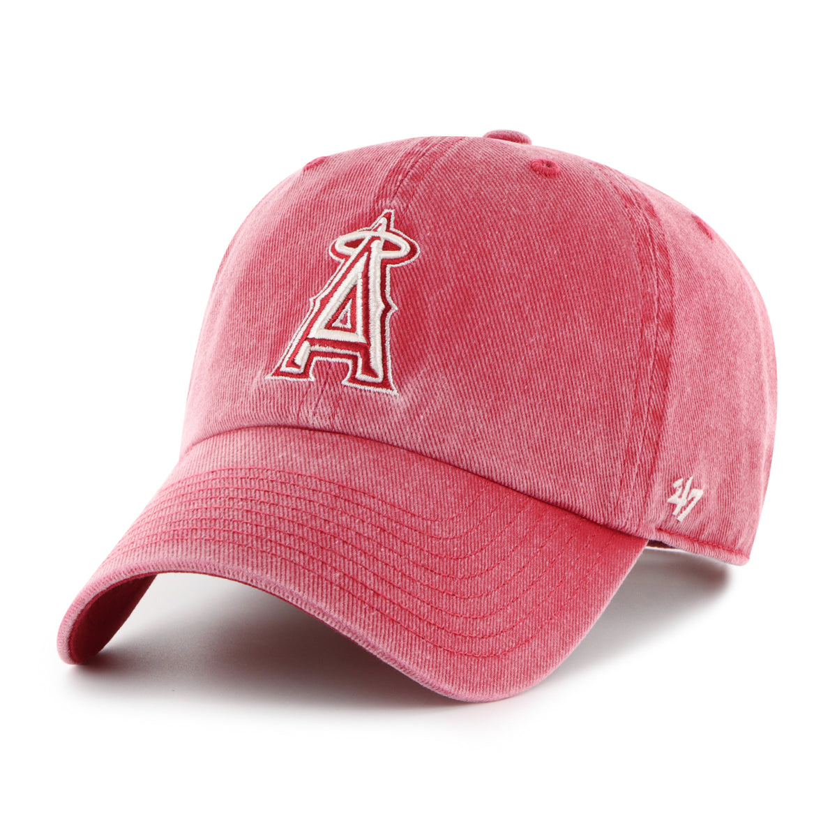 Gorra '47 Clean Up Los Angeles Angels MLB Pigment en algodón rojo con efecto deslavado, visera curva sin estructura con logo de los Angels bordado al frente y emblema '47 en el lateral, cierre strapback ajustable