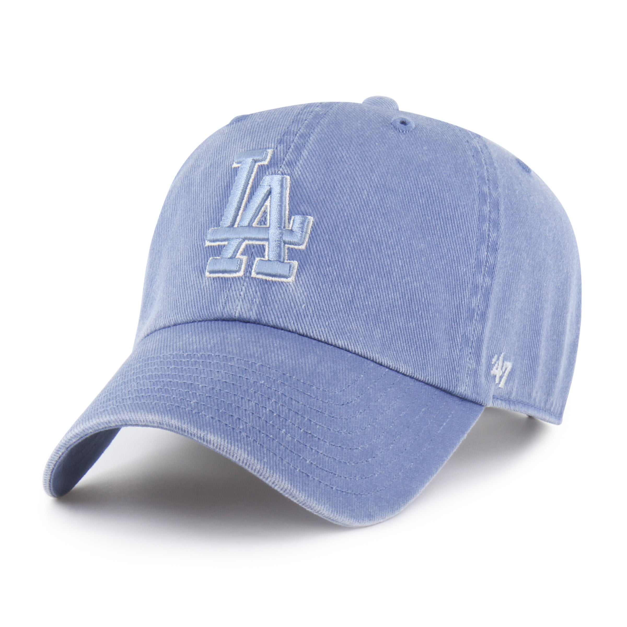 Gorra '47 Clean Up Los Angeles Dodgers MLB Pigment en algodón azul con efecto deslavado, visera curva sin estructura con logo de los Dodgers bordado al frente y emblema '47 en el lateral, cierre strapback ajustable