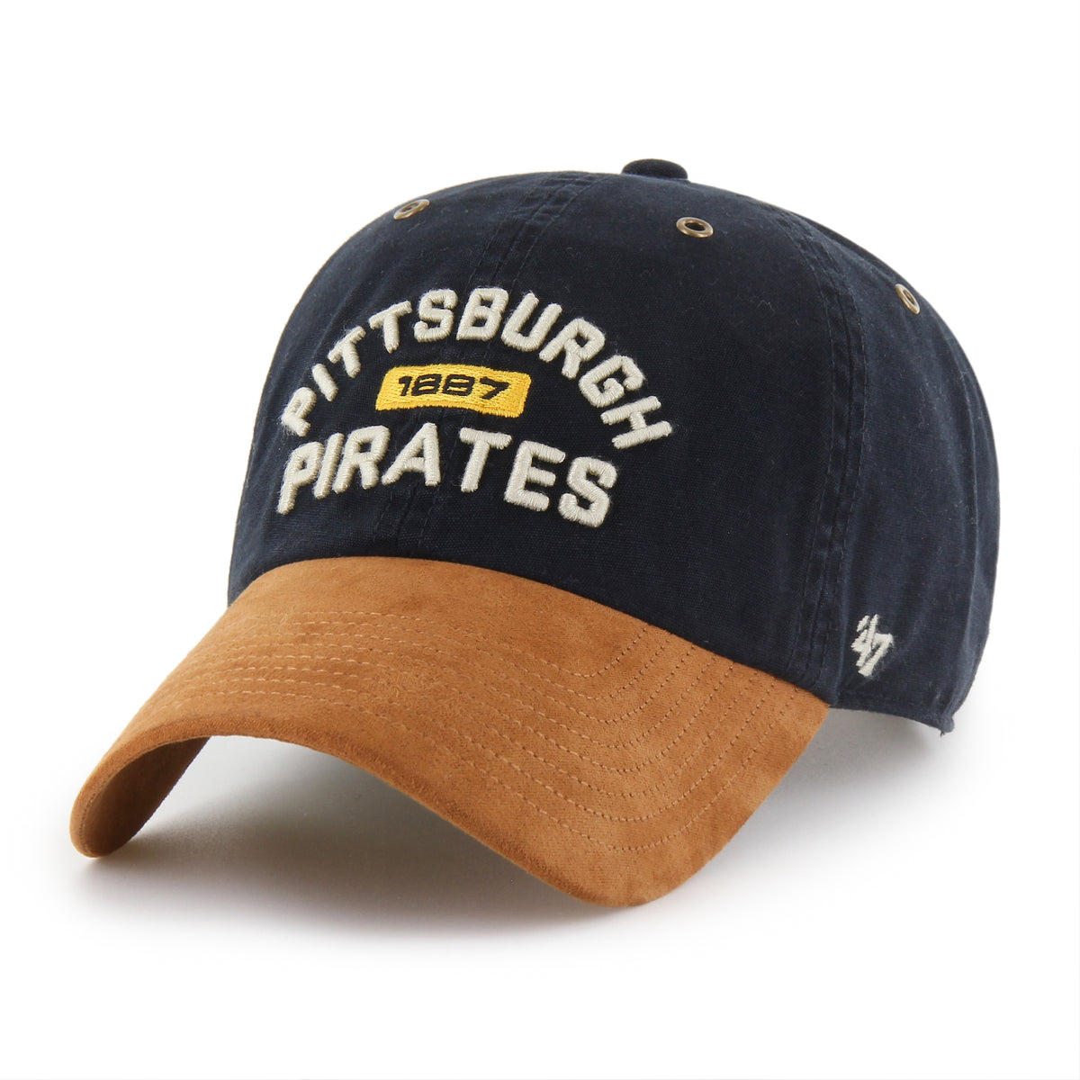 Gorra '47 Clean Up Pittsburgh Pirates MLB Windham negro deslavado en algodón con visor suede, diseño two tone con nombre Pirates bordado al frente y strapback ajustable