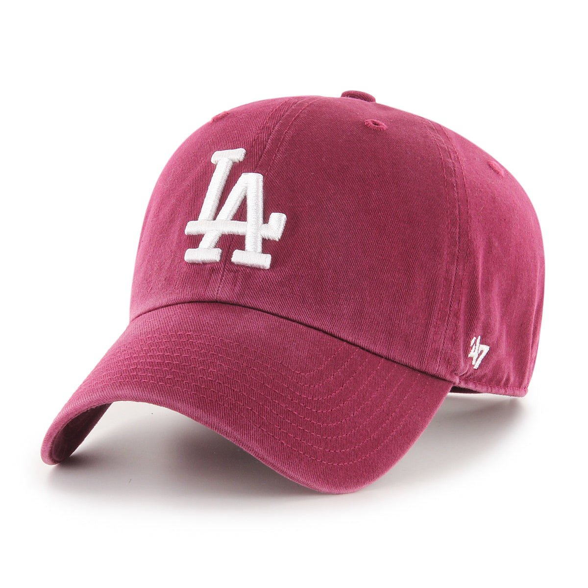 Gorra '47 Clean Up Los Angeles Dodgers en rojo granate, algodón curva sin estructura con strapback ajustable y logo bordado de los Dodgers al frente