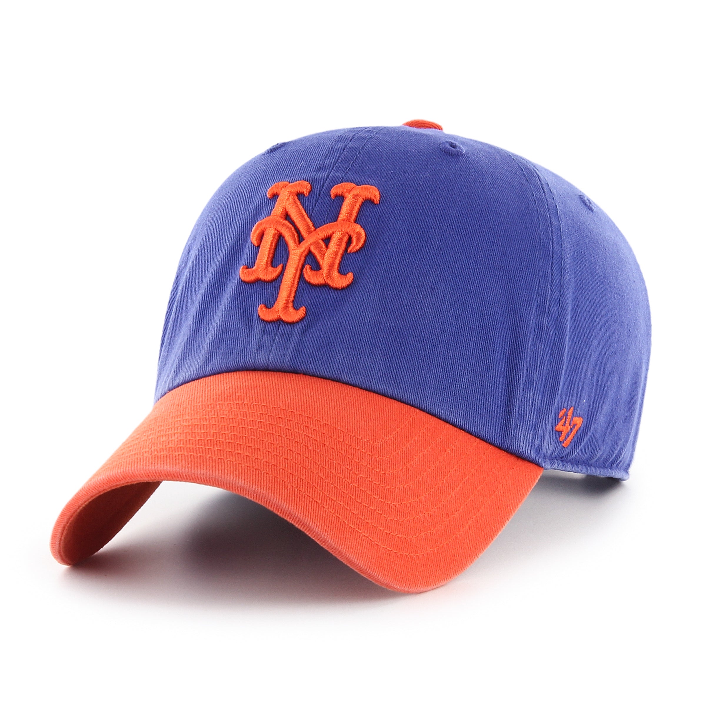 Gorra '47 Clean Up New York Mets MLB Two Tone en algodón azul rey, visera curva sin estructura con logo bordado de los Mets al frente y emblema '47 en el lateral, cierre strapback ajustable