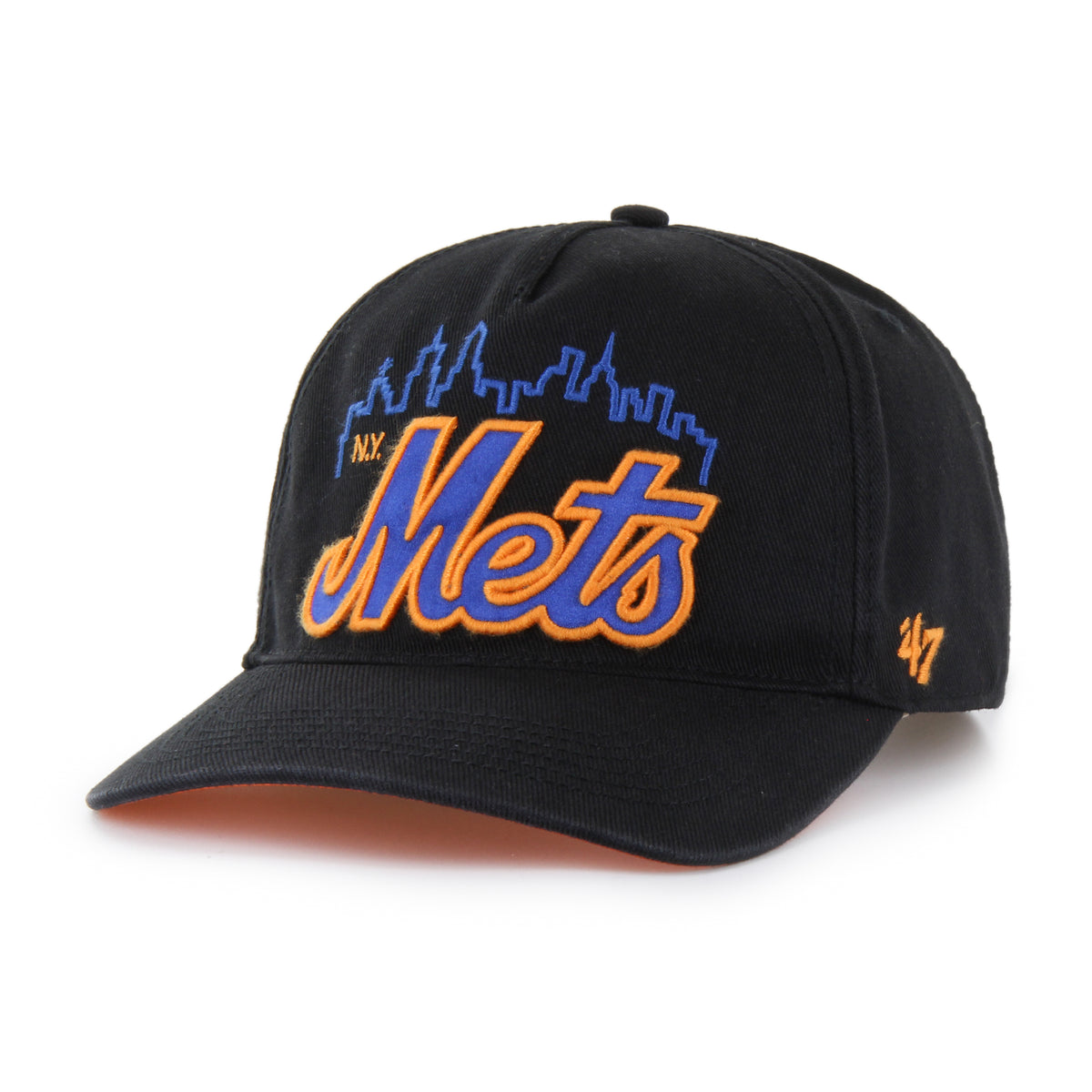 New York Mets MLB Charlton ’47 Hitch Relaxed Fit color Negro 00, visera negra semicurva, bordado frontal Mets azul con contorno naranja, silueta urbana azul e inscripción N.Y. naranja, bordado tonal lateral derecho, emblema ’47 naranja lateral izquierdo y ajuste snapback.