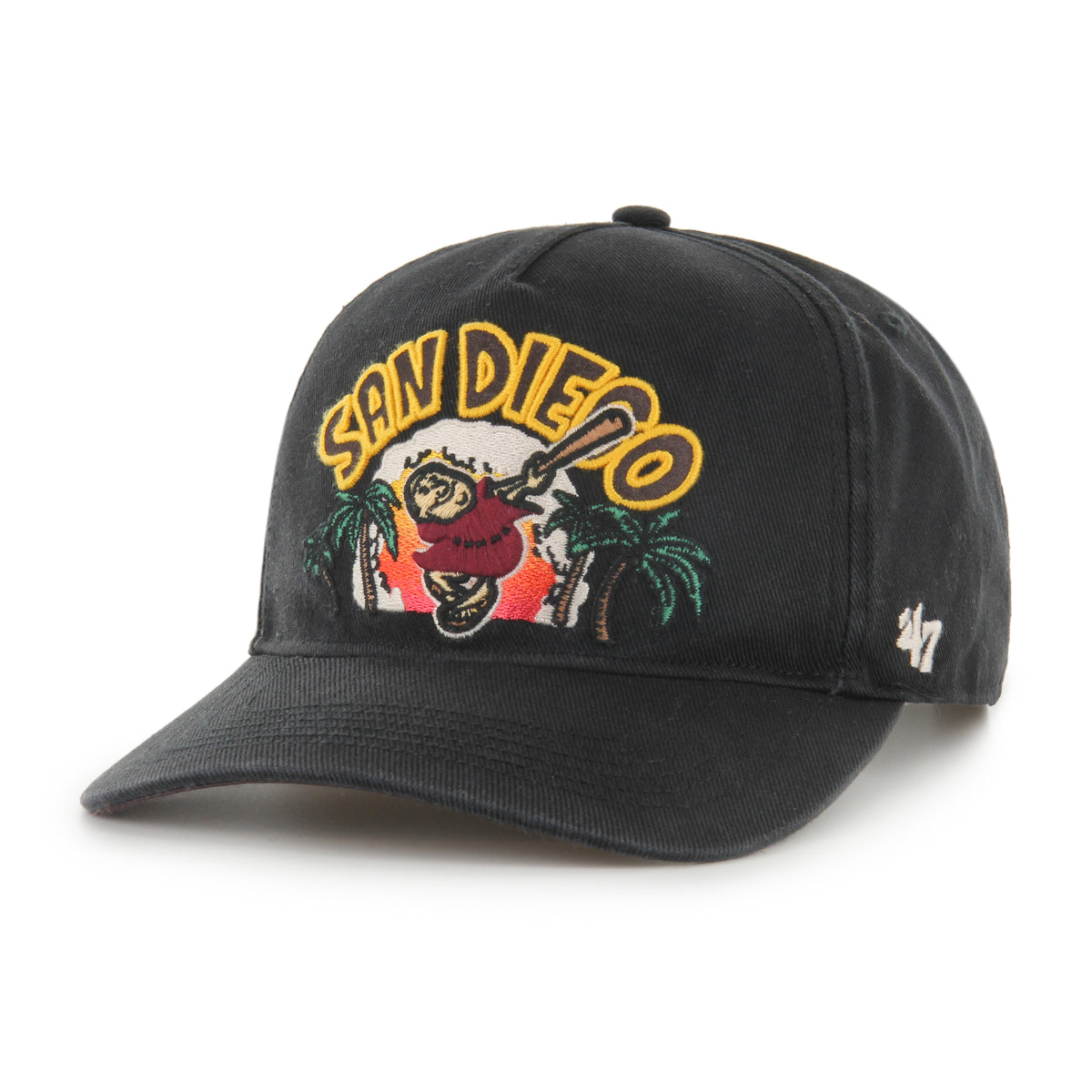 San Diego Padres MLB Charlton ’47 Hitch Relaxed Fit color Negro 97, visera negra semicurva, bordado frontal multicolor con SAN DIEGO, fraile con bate, palmeras y atardecer, bordado tonal lateral derecho, emblema ’47 lateral izquierdo y ajuste snapback.