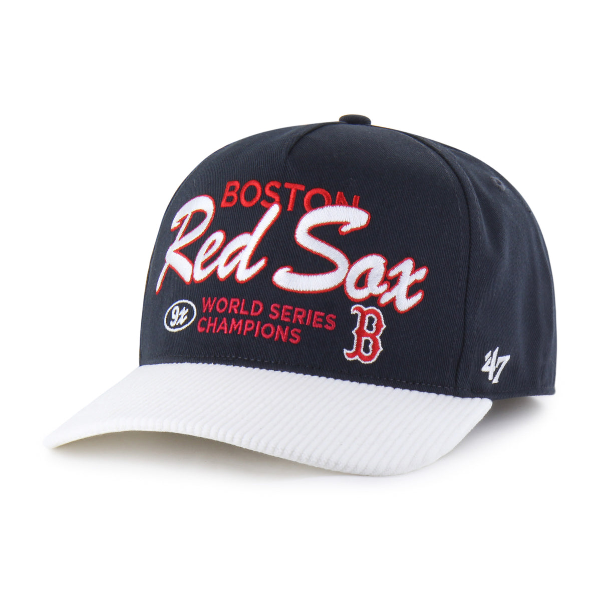 Gorra '47 Hitch RF Boston Red Sox MLB Cooperstown World Series azul marino en algodón con visor en pana, nombre y logo Red Sox bordado al frente y snapback ajustable