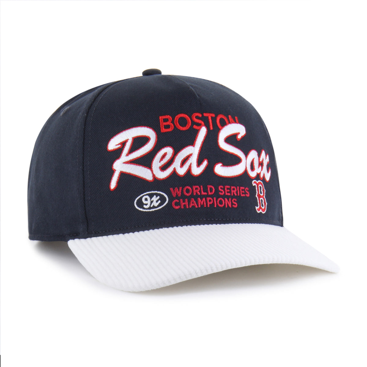 Gorra '47 Hitch RF Boston Red Sox MLB Cooperstown World Series azul marino en algodón con visor en pana, nombre y logo Red Sox bordado al frente y snapback ajustable