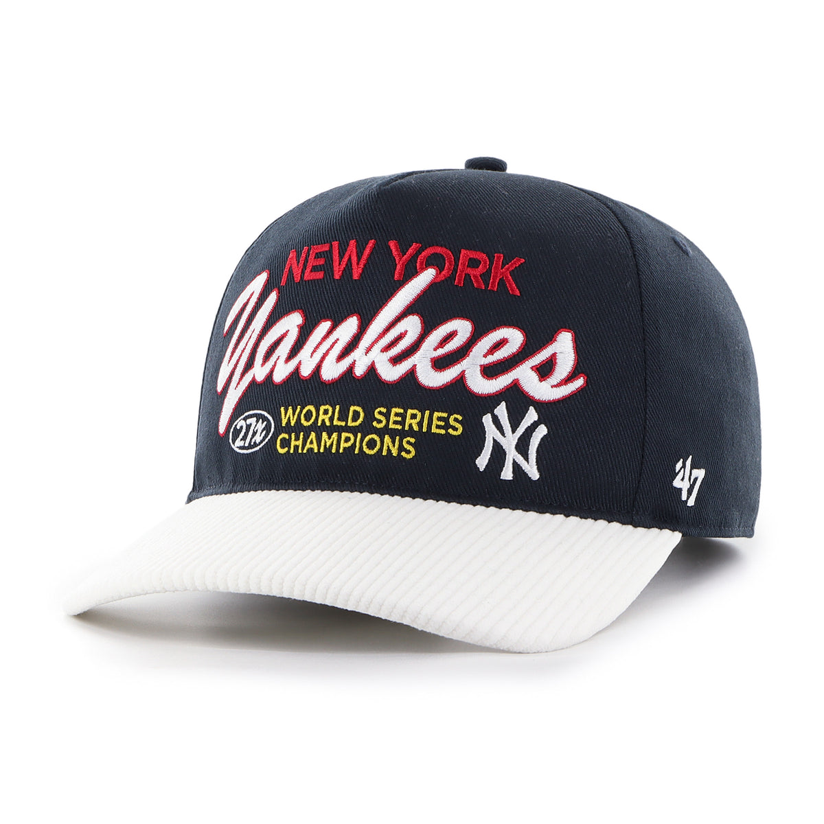 Gorra '47 Hitch RF New York Yankees MLB Cooperstown World Series azul marino en algodón con visor en pana, nombre y logo Yankees bordado al frente y snapback ajustable