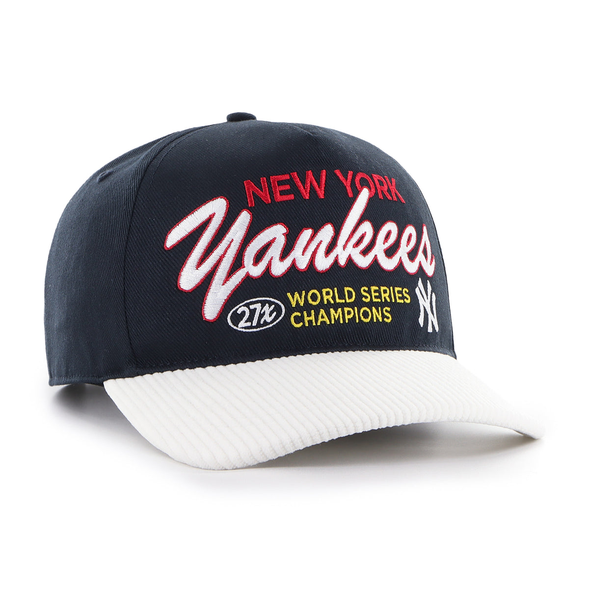 Gorra '47 Hitch RF New York Yankees MLB Cooperstown World Series azul marino en algodón con visor en pana, nombre y logo Yankees bordado al frente y snapback ajustable