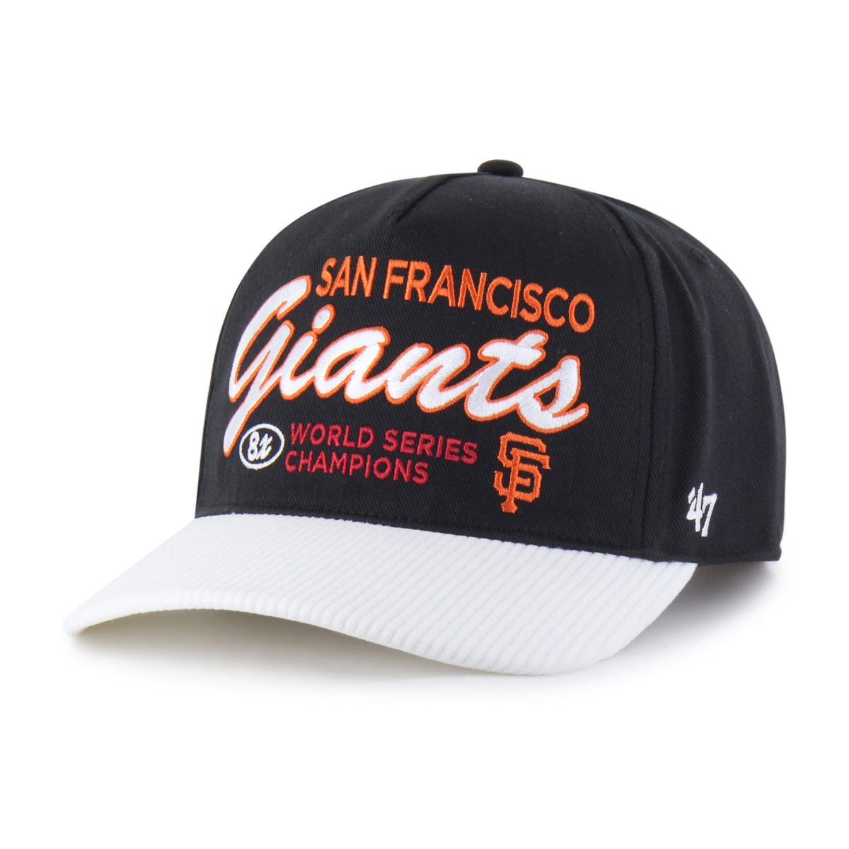 Gorra '47 Hitch RF San Francisco Giants MLB Cooperstown World Series negro en algodón con visor en pana, nombre y logo Giants bordado al frente y snapback ajustable