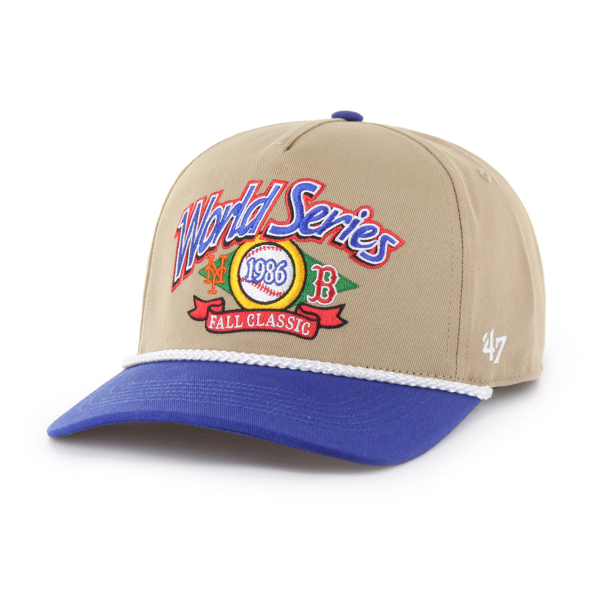 MLB World Series Rivalry Mets vs Red Sox ’47 Hitch color Caqui 86, corona caqui y visera azul rey semicurva con cordón blanco, bordado World Series 1986 con logos NY naranja y B roja e inscripción FALL CLASSIC al frente, emblema World Series 1986 lateral derecho, emblema ’47 blanco lateral izquierdo y ajuste snapback.