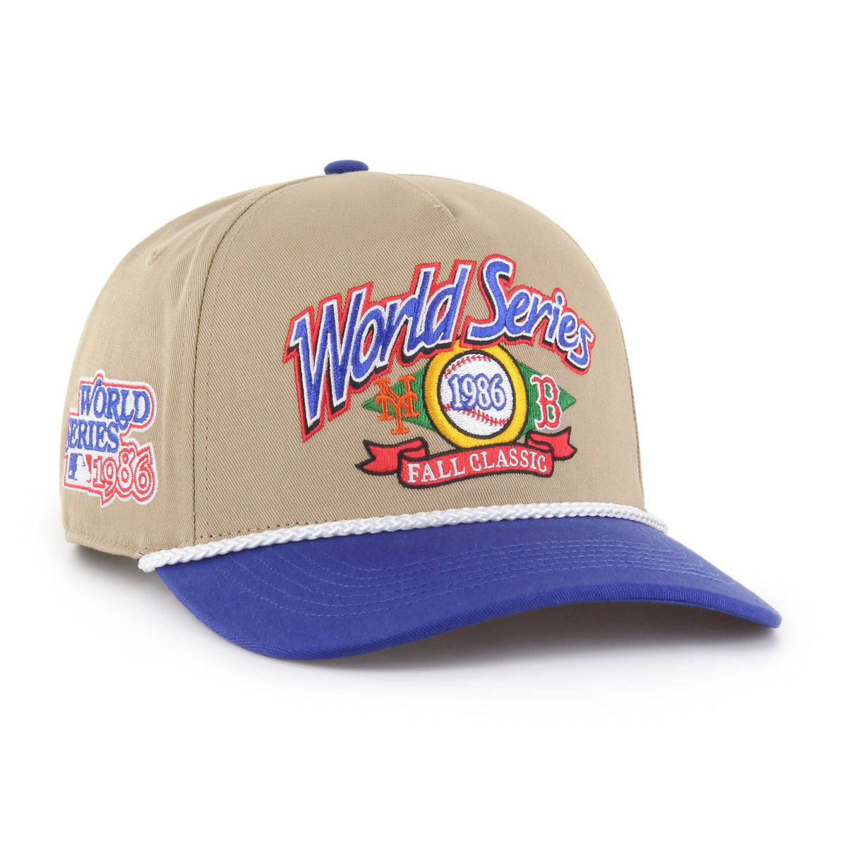 MLB World Series Rivalry Mets vs Red Sox ’47 Hitch color Caqui 86, corona caqui y visera azul rey semicurva con cordón blanco, bordado World Series 1986 con logos NY naranja y B roja e inscripción FALL CLASSIC al frente, emblema World Series 1986 lateral derecho, emblema ’47 blanco lateral izquierdo y ajuste snapback.
