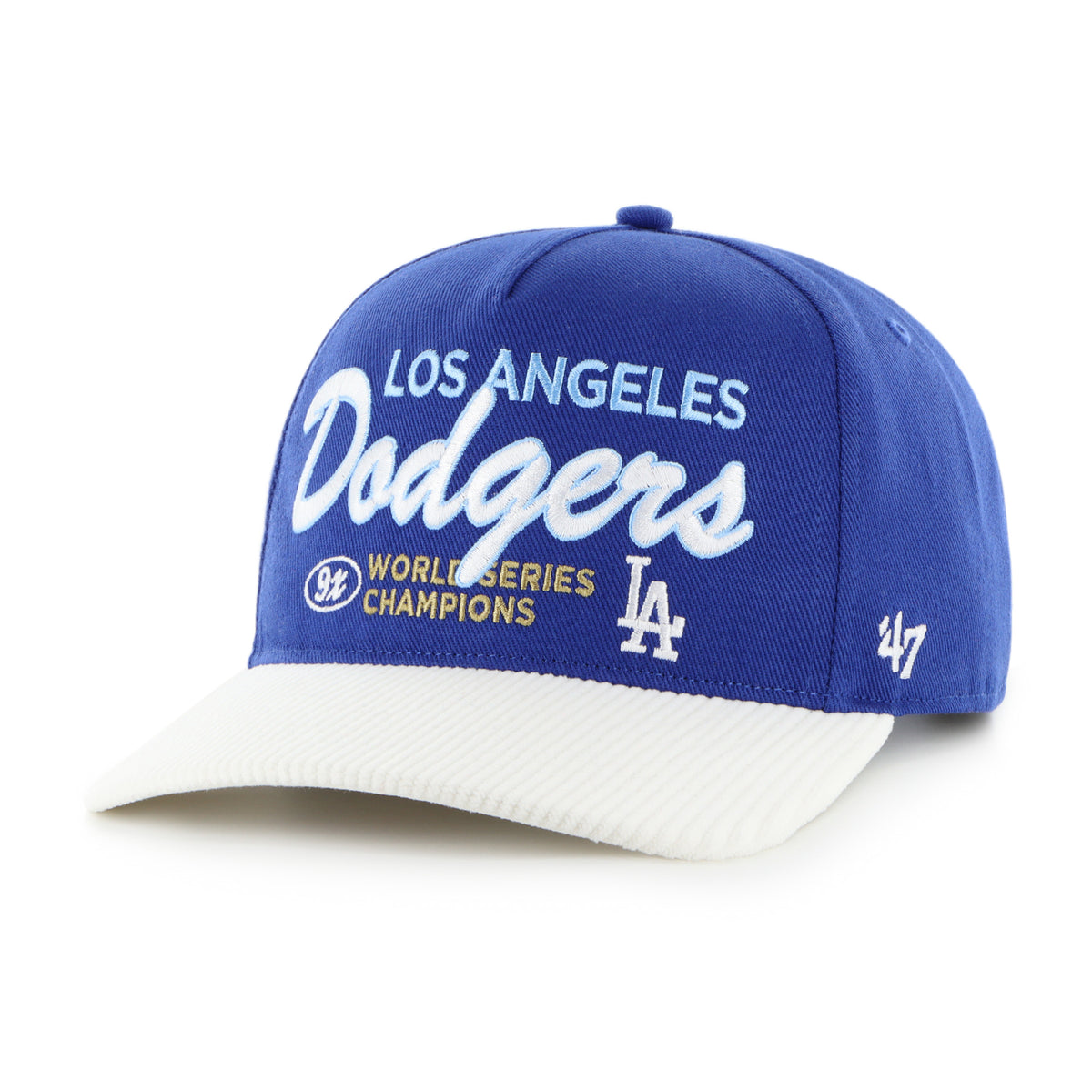 Gorra '47 Hitch RF Los Angeles Dodgers MLB Cooperstown World Series azul rey en algodón con visor en pana, nombre y logo Dodgers bordado al frente y snapback ajustable