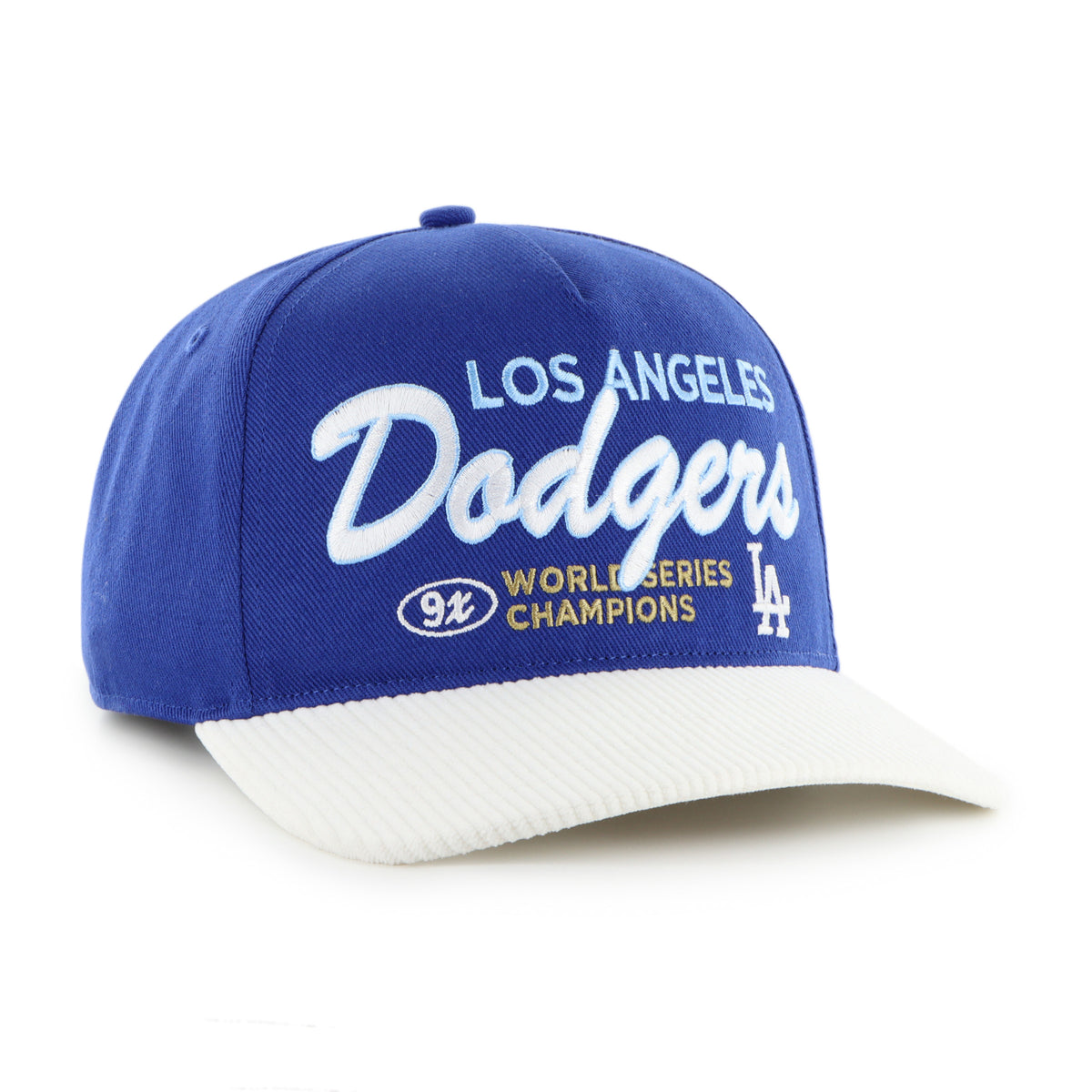 Gorra '47 Hitch RF Los Angeles Dodgers MLB Cooperstown World Series azul rey en algodón con visor en pana, nombre y logo Dodgers bordado al frente y snapback ajustable