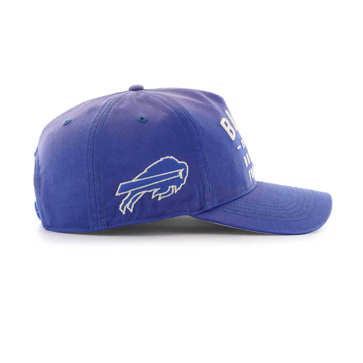 Gorra '47 Hitch RF Buffalo Bills NFL Dusted Laramie azul rey en algodón con acabado desgastado, nombre Bills bordado al frente, logo lateral y snapback ajustable