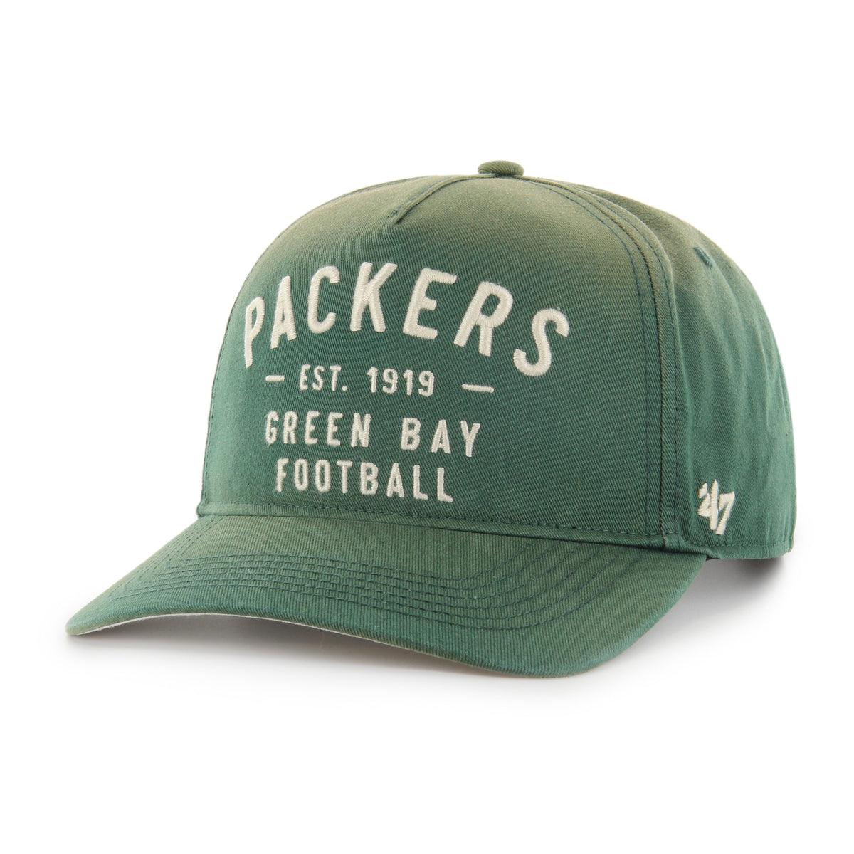 Gorra '47 Hitch RF Green Bay Packers NFL Dusted Laramie verde oscuro en algodón con acabado desgastado, nombre Packers bordado al frente, logo lateral y snapback ajustable