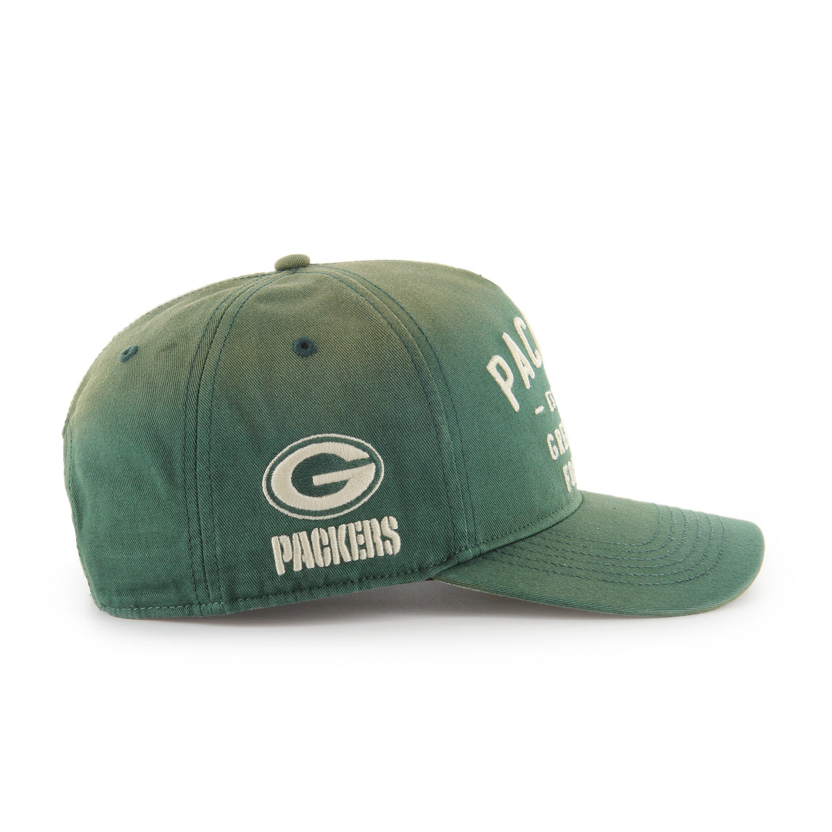 Gorra '47 Hitch RF Green Bay Packers NFL Dusted Laramie verde oscuro en algodón con acabado desgastado, nombre Packers bordado al frente, logo lateral y snapback ajustable