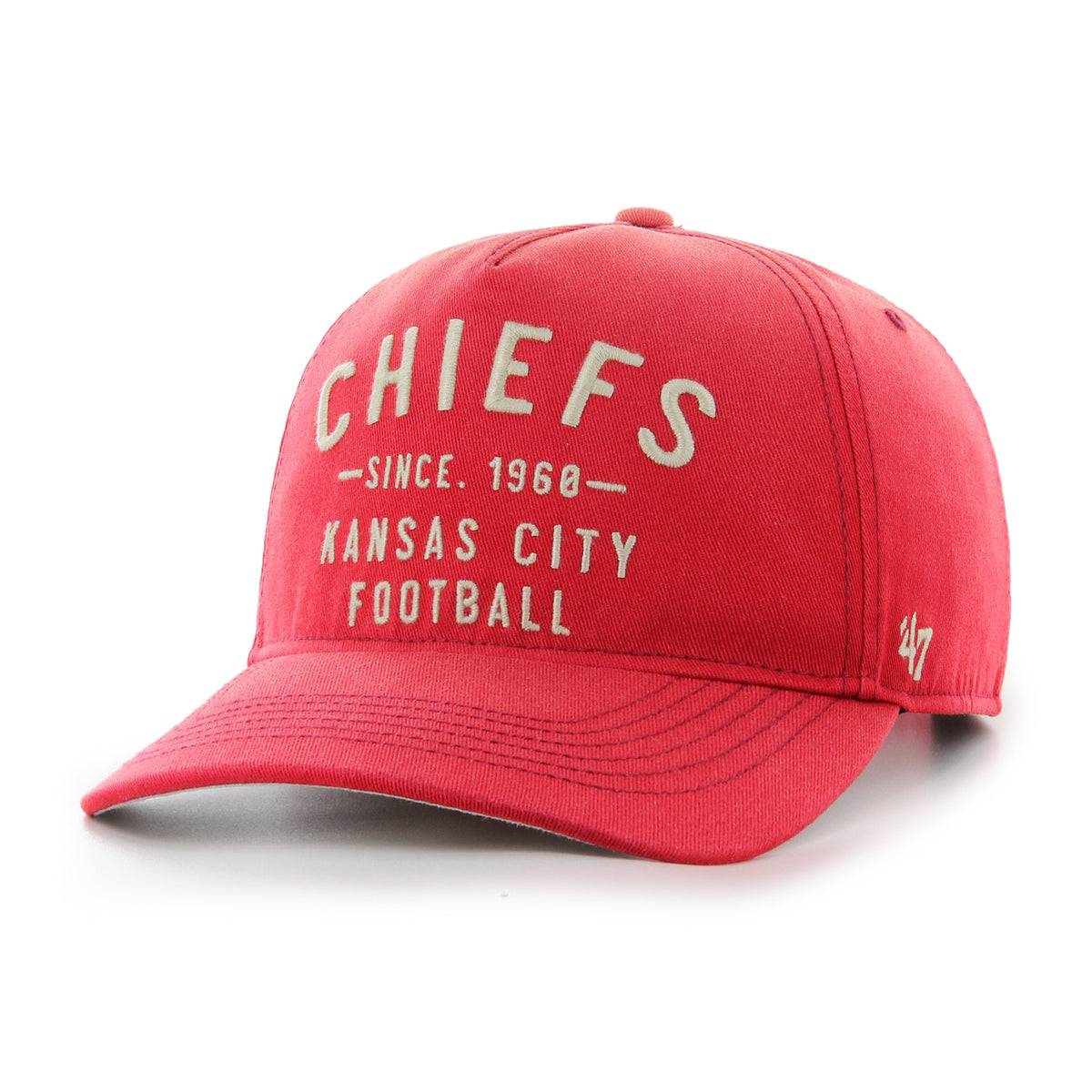Gorra '47 Hitch RF Kansas City Chiefs NFL Dusted Laramie rojo en algodón con acabado desgastado, nombre Chiefs bordado al frente, logo lateral y snapback ajustable