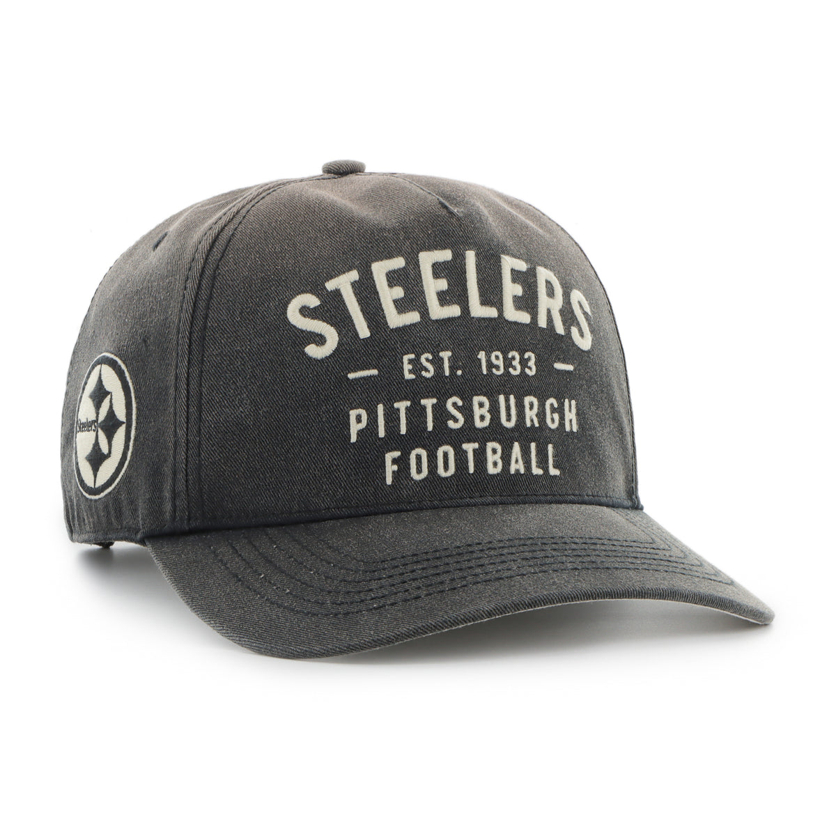 Gorra '47 Hitch RF Pittsburgh Steelers NFL Dusted Laramie negro en algodón con acabado desgastado, nombre Steelers bordado al frente, logo lateral y snapback ajustable