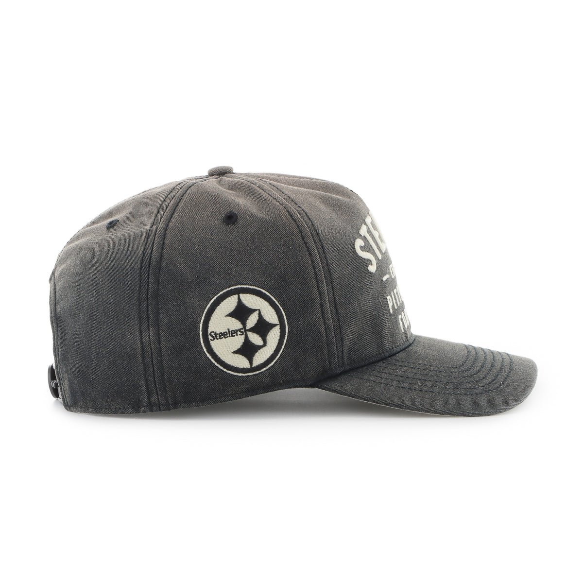 Gorra '47 Hitch RF Pittsburgh Steelers NFL Dusted Laramie negro en algodón con acabado desgastado, nombre Steelers bordado al frente, logo lateral y snapback ajustable