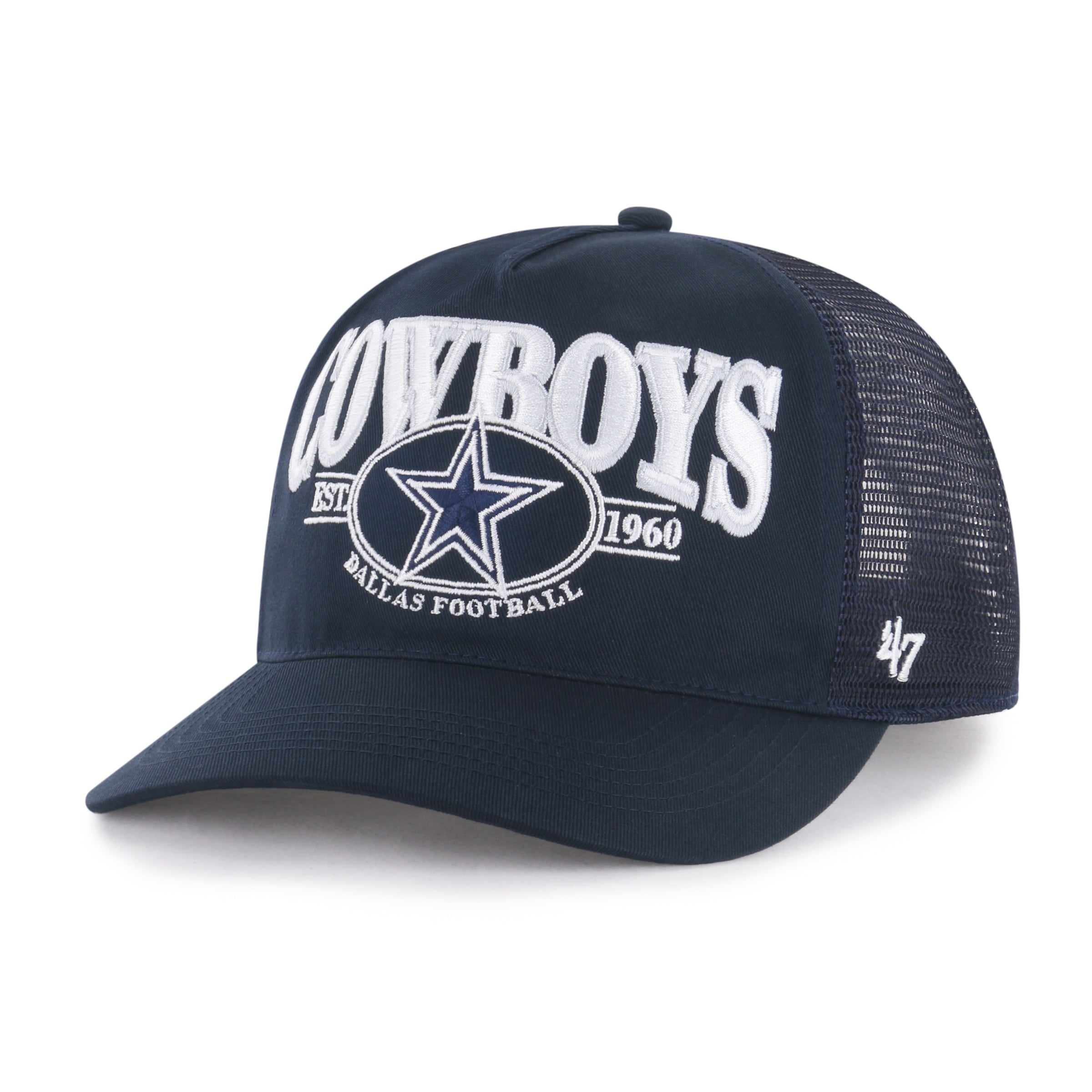 Gorra '47 Hitch RF Dallas Cowboys NFL Deluxia en azul marino, algodón con malla mesh trasera, silueta Relaxed Fit sin estructura con logo y nombre de los Cowboys bordado al frente y emblema '47 lateral, cierre strapback ajustable
